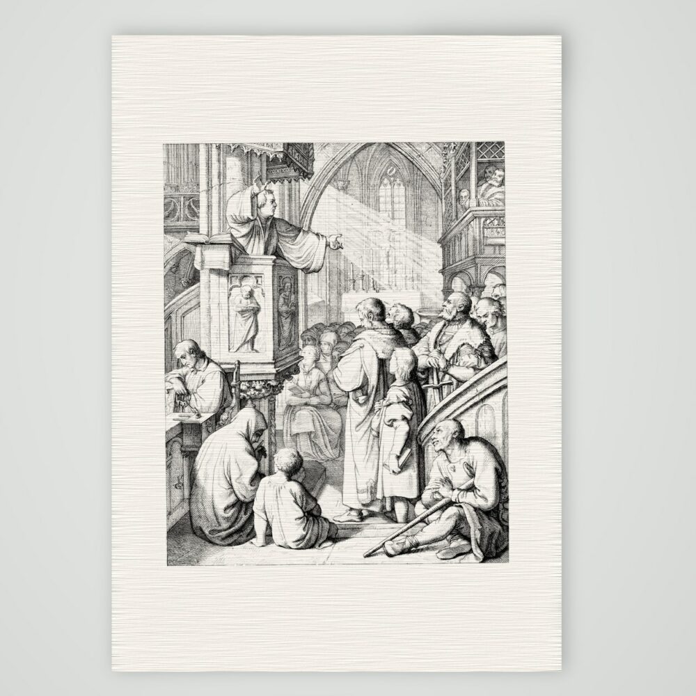 Die Predigt – Luther auf der Kanzel – Stich nach Gustav König (Monogramm GK), Kunstdruck auf Leinenpapier
