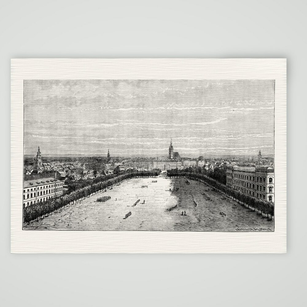 Hannover, Blick über die Stadt – Holzstich, Kunstdruck auf Leinenpapier