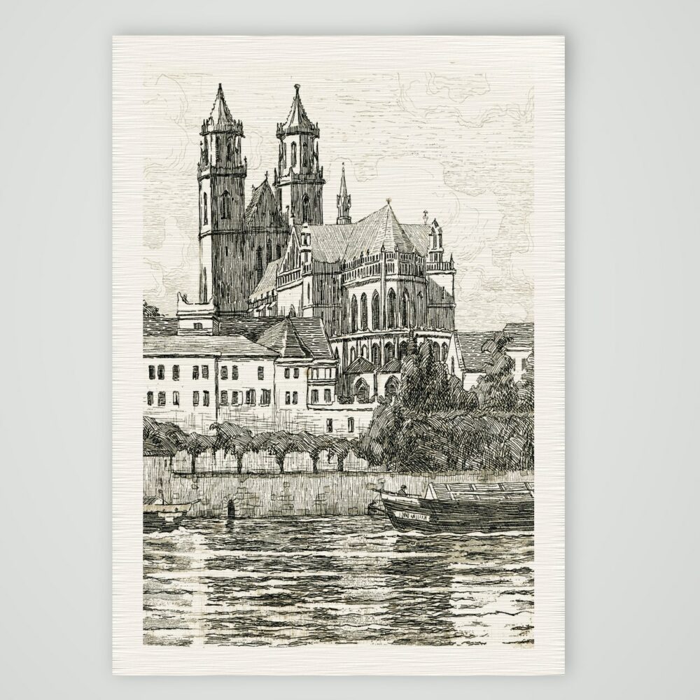 Magdeburger Dom von der Elbe aus gesehen, Holzstich 19. Jahrhundert, Kunstdruck auf Leinenpapier