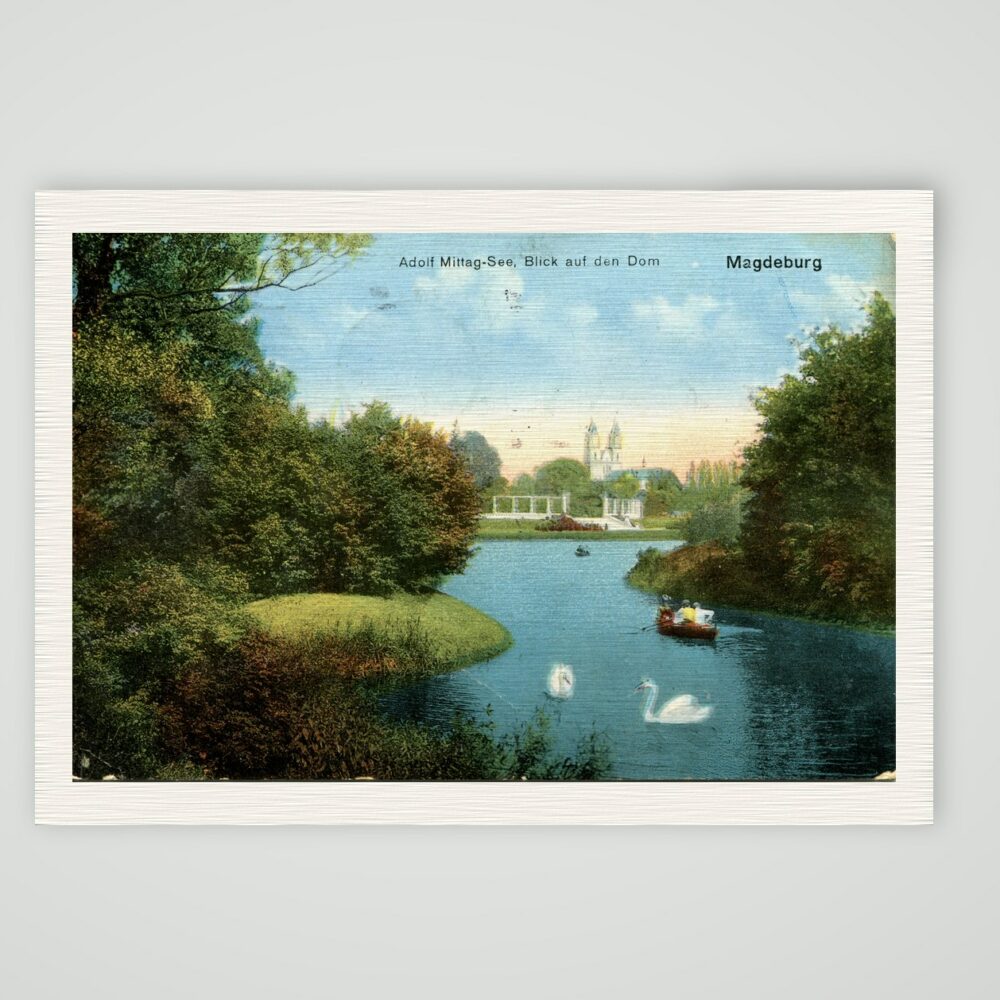 Magdeburg, Adolf-Mittag-See mit Blick auf den Dom – Ansichtskarte, Kunstdruck auf Leinenpapier