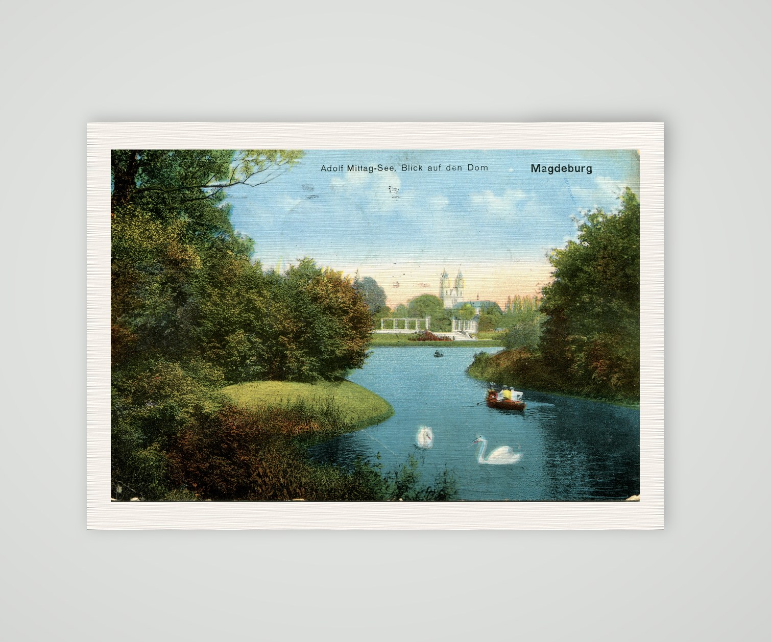 Magdeburg, Adolf-Mittag-See mit Blick auf den Dom – Ansichtskarte, Kunstdruck auf Leinenpapier