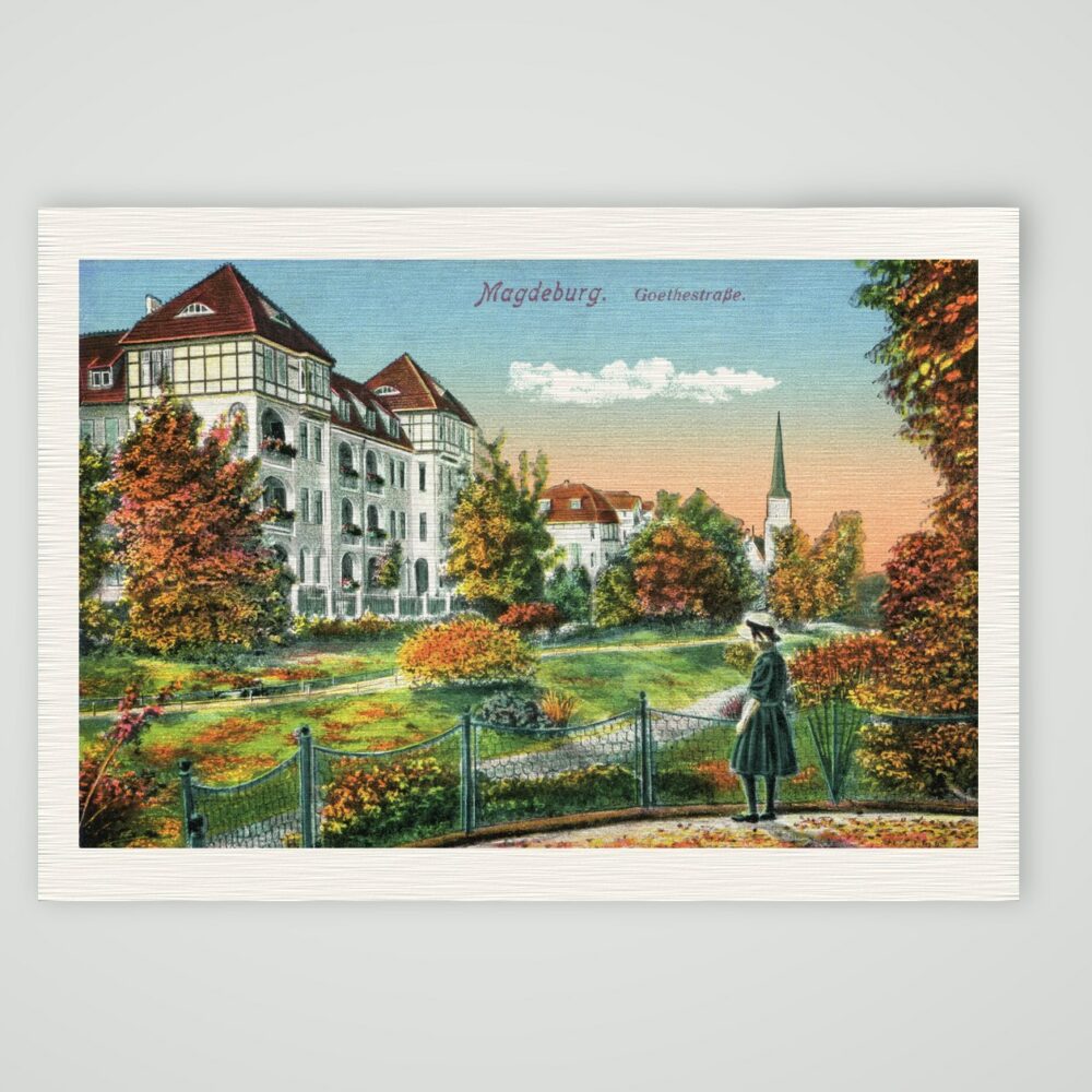 Magdeburg, Goethestraße im Herbst, historische Ansichtskarte um 1910, Kunstdruck auf Leinenpapier