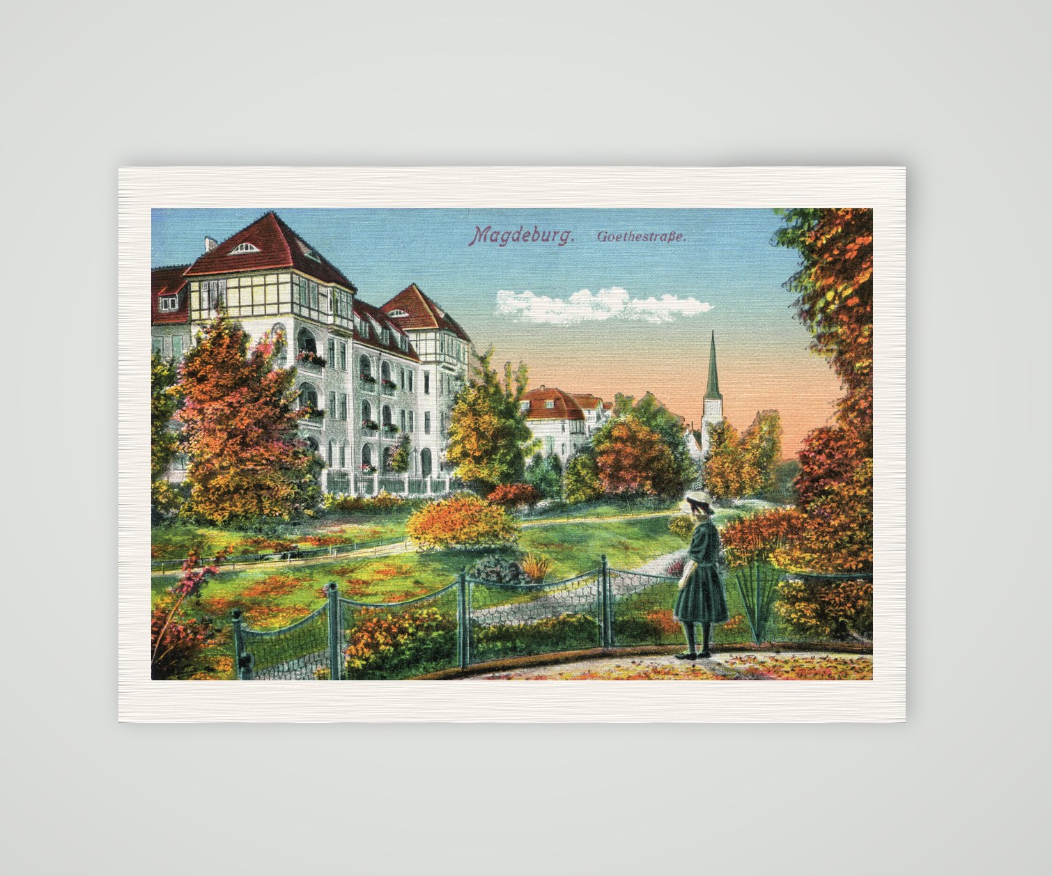 Magdeburg, Goethestraße im Herbst, historische Ansichtskarte um 1910, Kunstdruck auf Leinenpapier