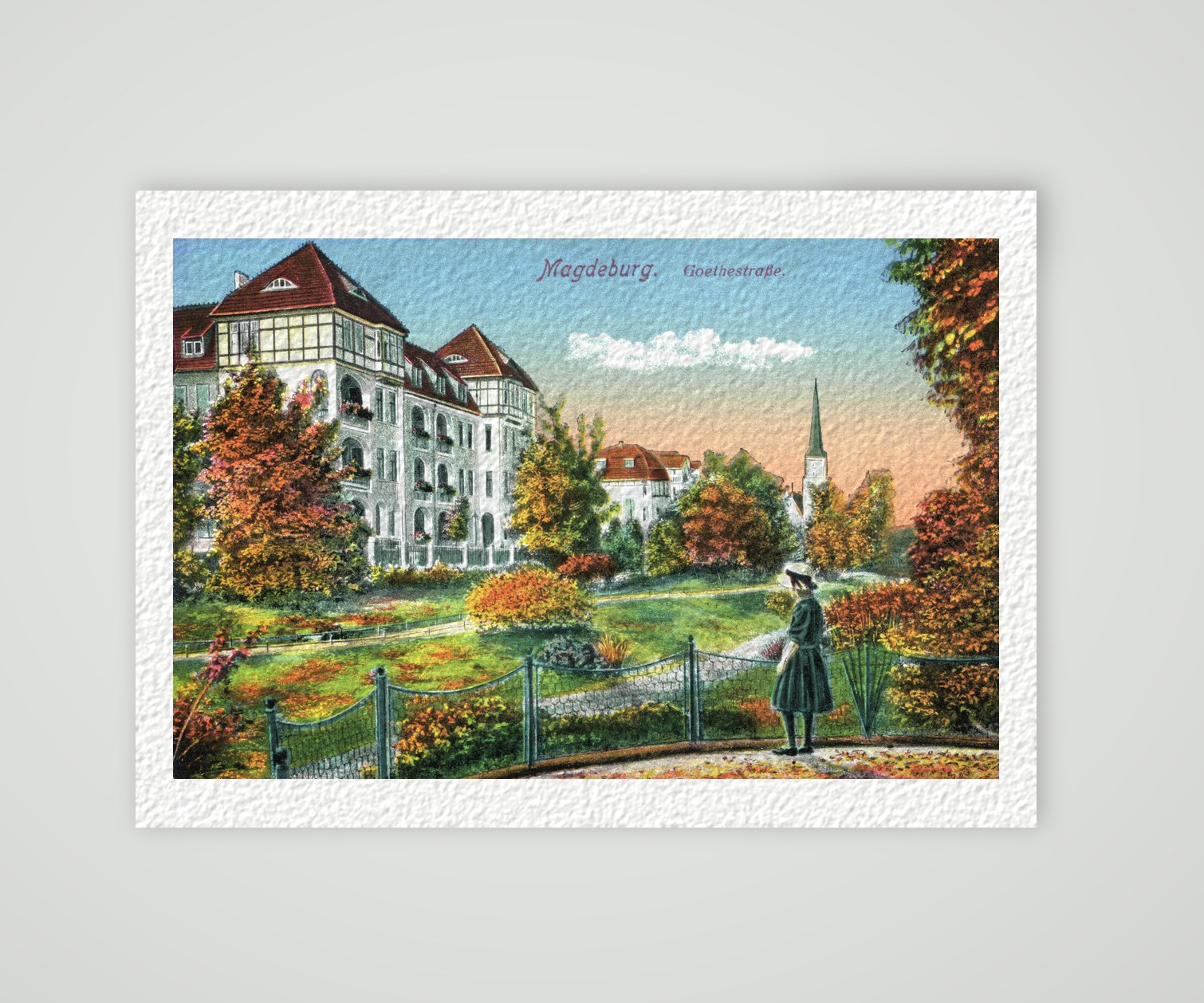 Magdeburg, Goethestraße im Herbst, historische Ansichtskarte um 1910, Kunstdruck auf Hahnemühle-Büttenpapier