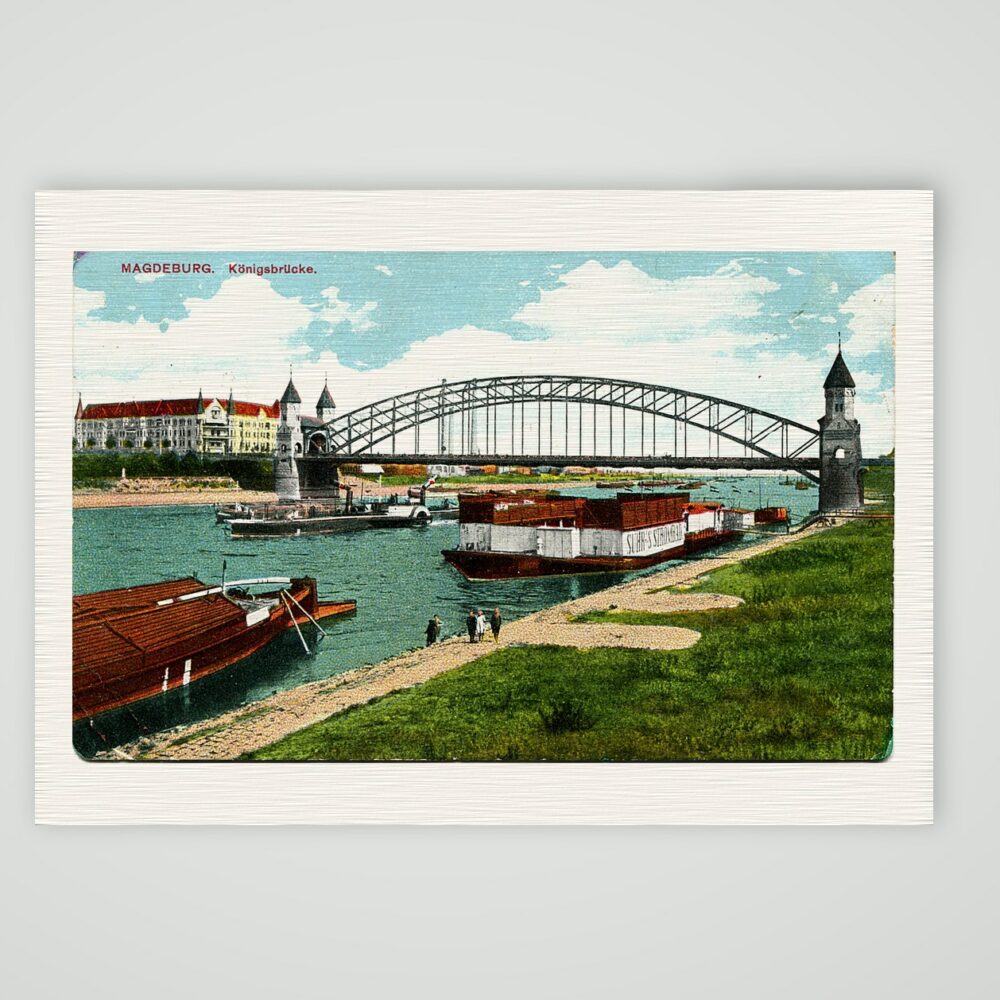 Magdeburg, die Königsbrücke über die Elbe – Ansichtskarte, Kunstdruck auf Leinenpapier