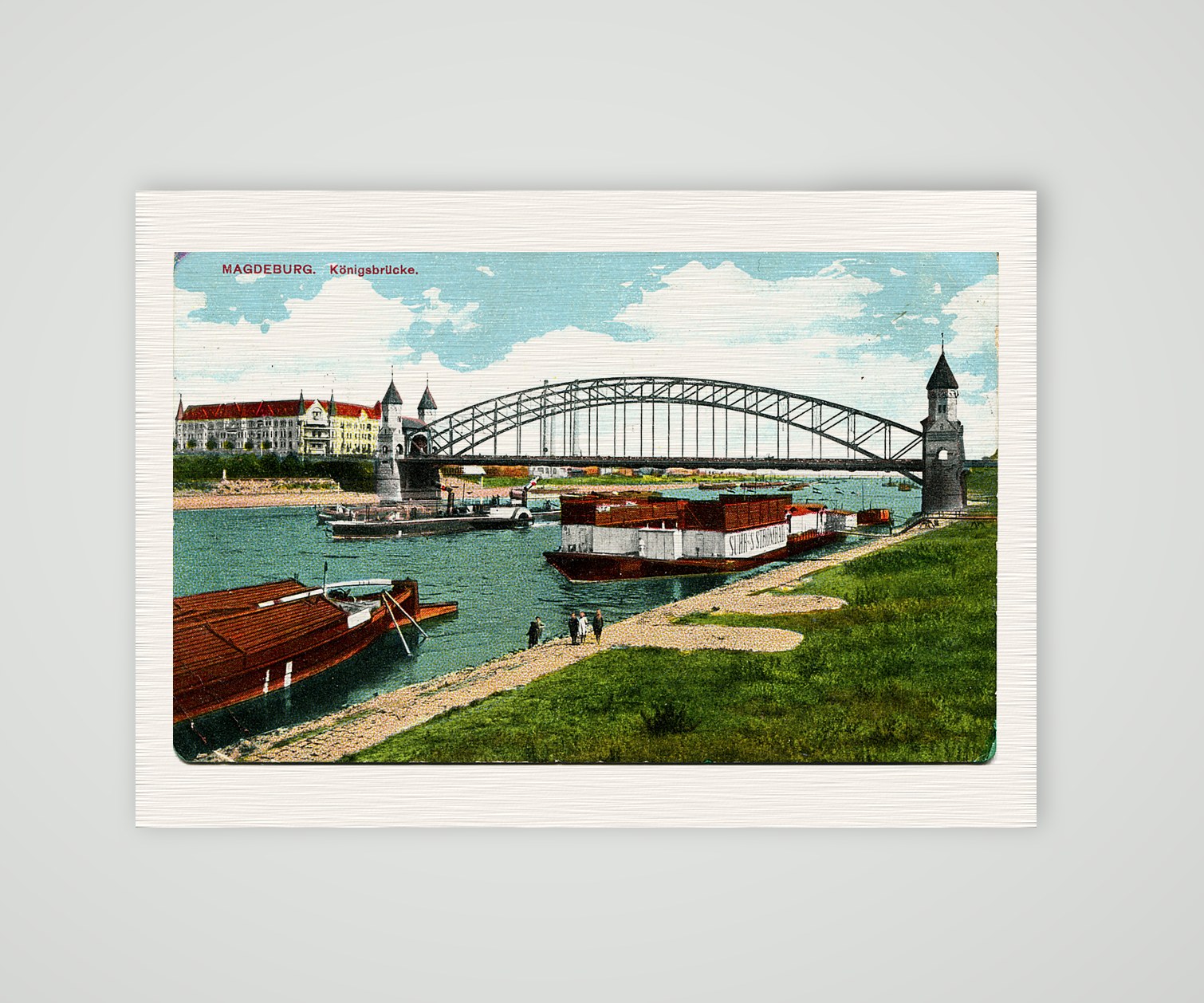 Magdeburg, die Königsbrücke über die Elbe – Ansichtskarte, Kunstdruck auf Leinenpapier