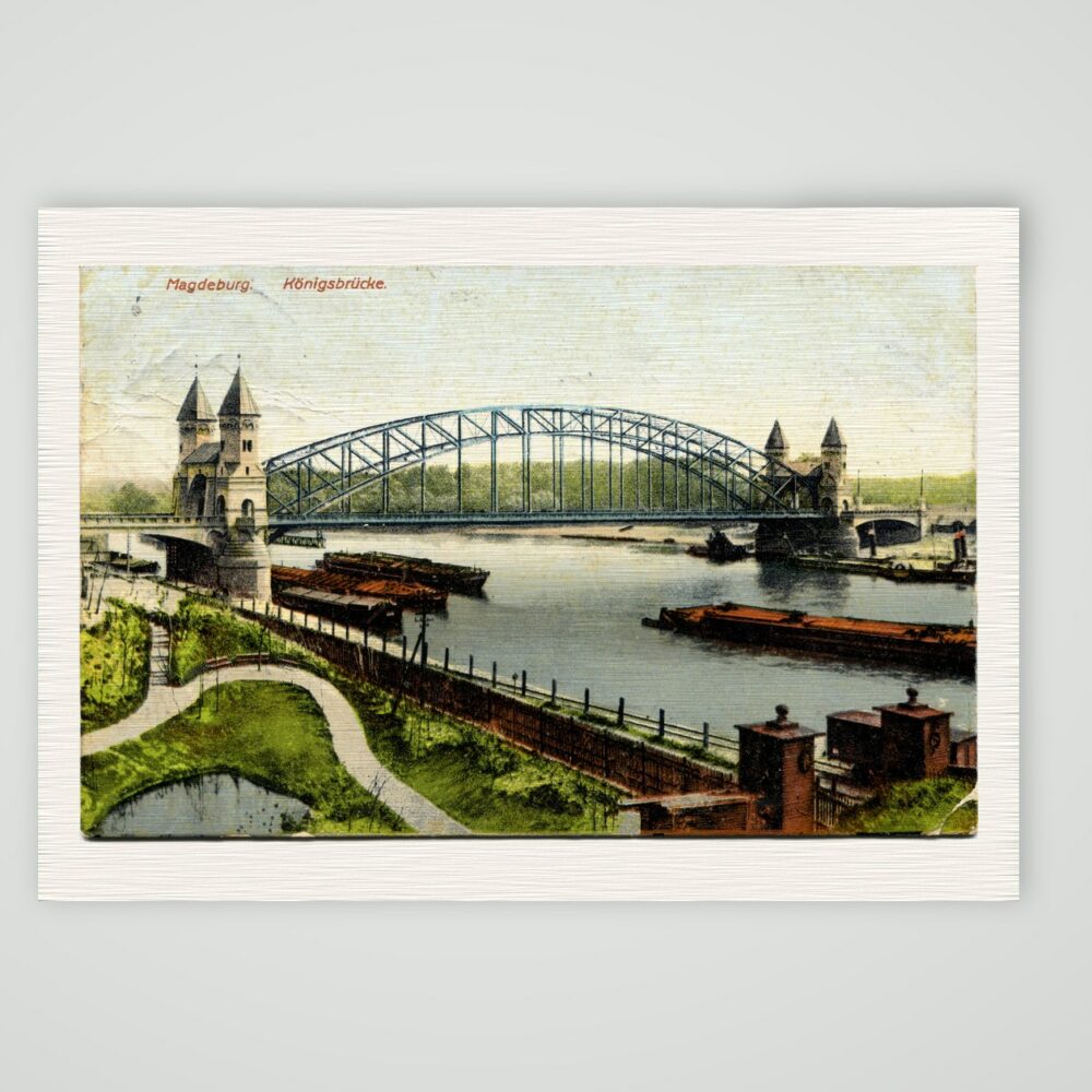 Magdeburg, die Königsbrücke mit ihren Brückentürmen – Ansichtskarte, Kunstdruck auf Leinenpapier