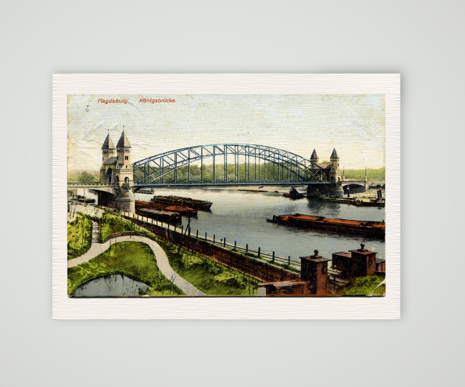 Magdeburg, die Königsbrücke mit ihren Brückentürmen – Ansichtskarte, Kunstdruck auf Leinenpapier