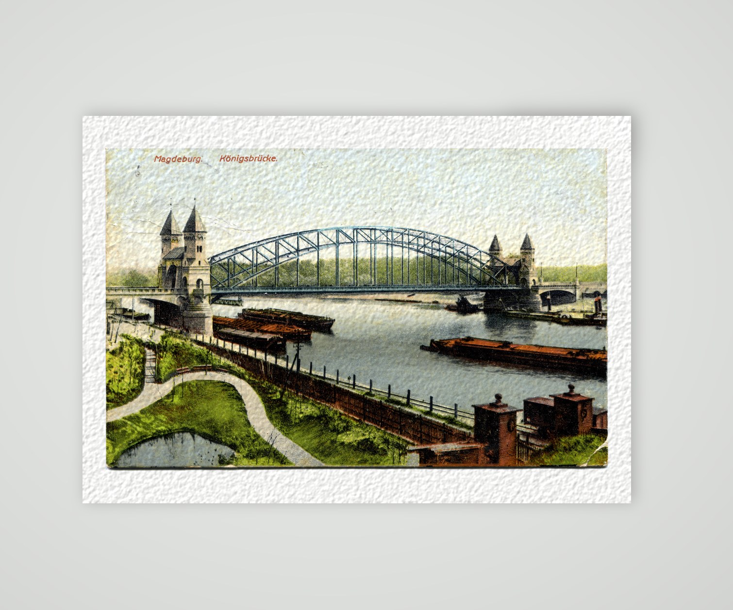 Magdeburg, die Königsbrücke mit ihren Brückentürmen – Ansichtskarte, Kunstdruck auf Hahnemühle-Büttenpapier