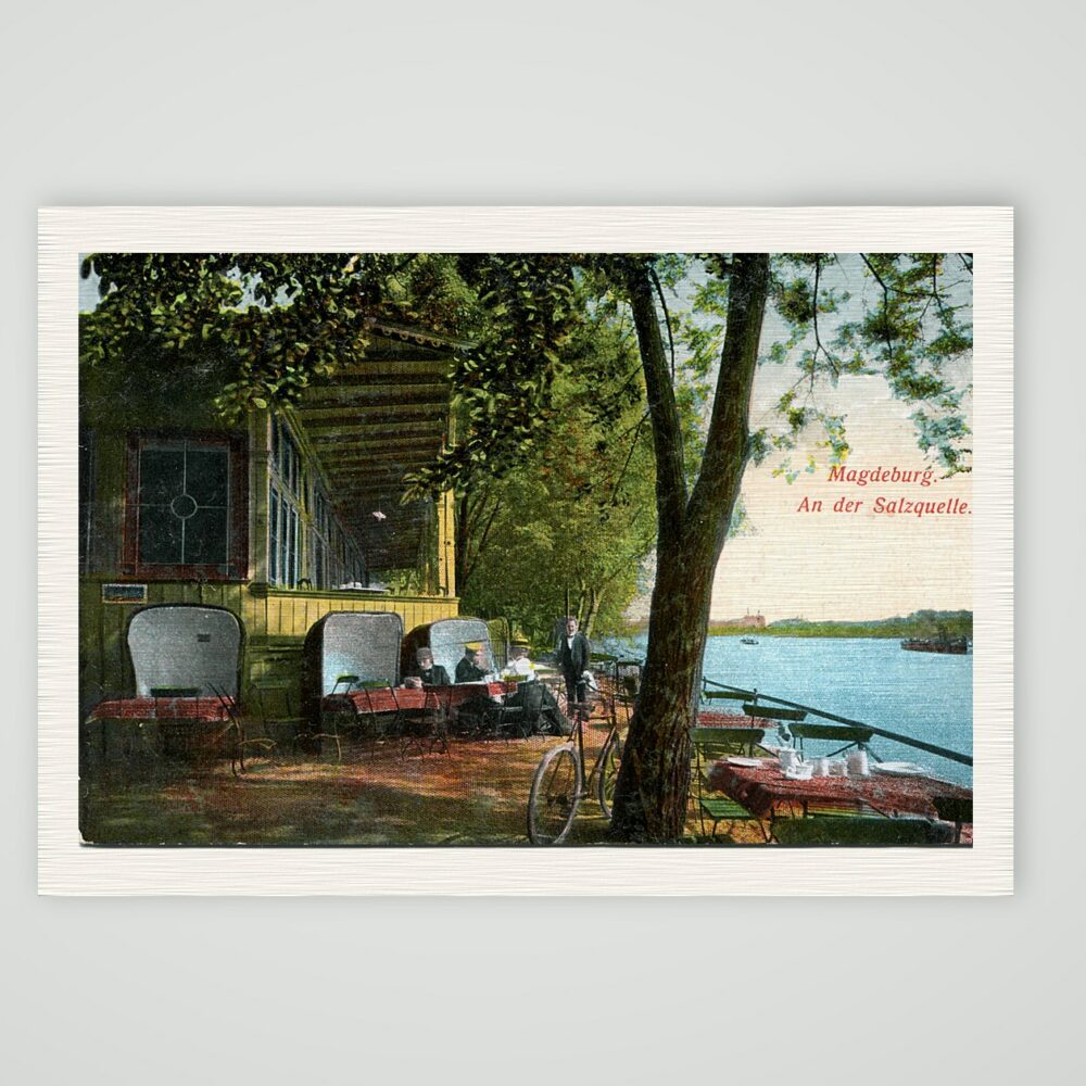 Magdeburg, Gartenlokal an der Salzquelle – Ansichtskarte, Kunstdruck auf Leinenpapier