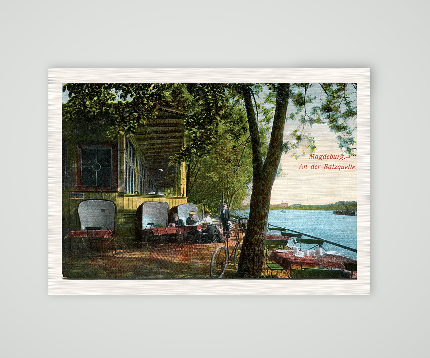 Magdeburg, Gartenlokal an der Salzquelle – Ansichtskarte, Kunstdruck auf Leinenpapier