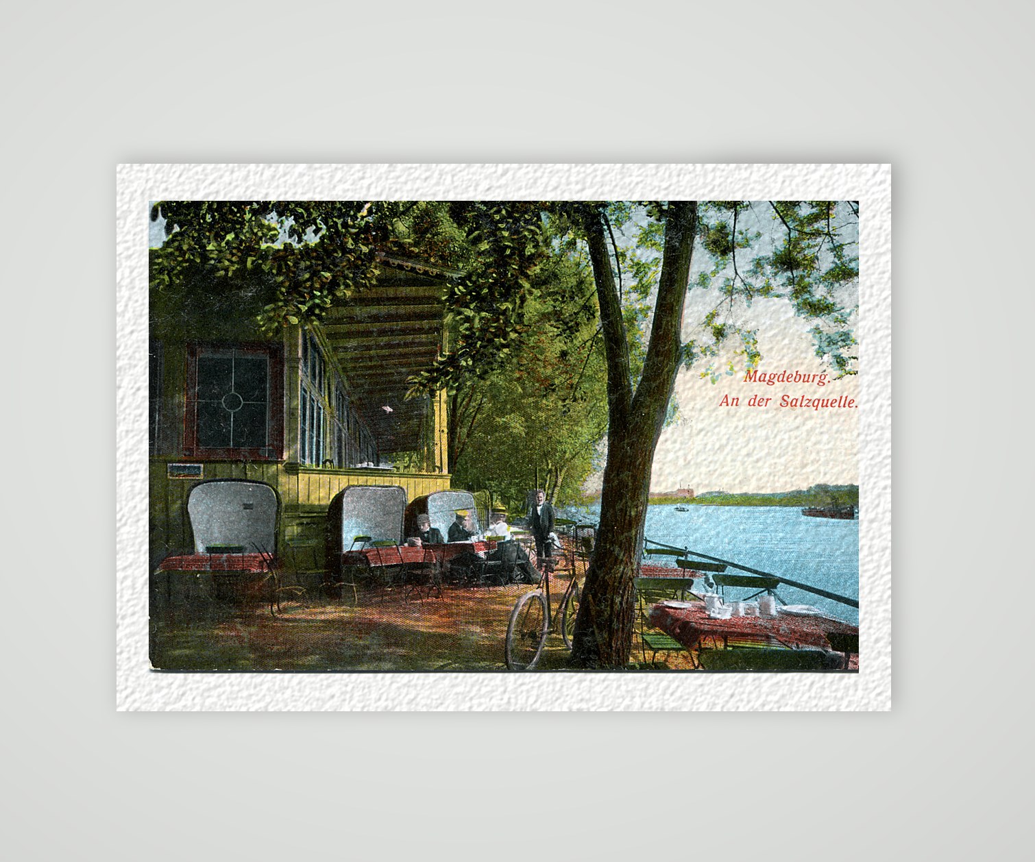 Magdeburg, Gartenlokal an der Salzquelle – Ansichtskarte, Kunstdruck auf Hahnemühle-Büttenpapier
