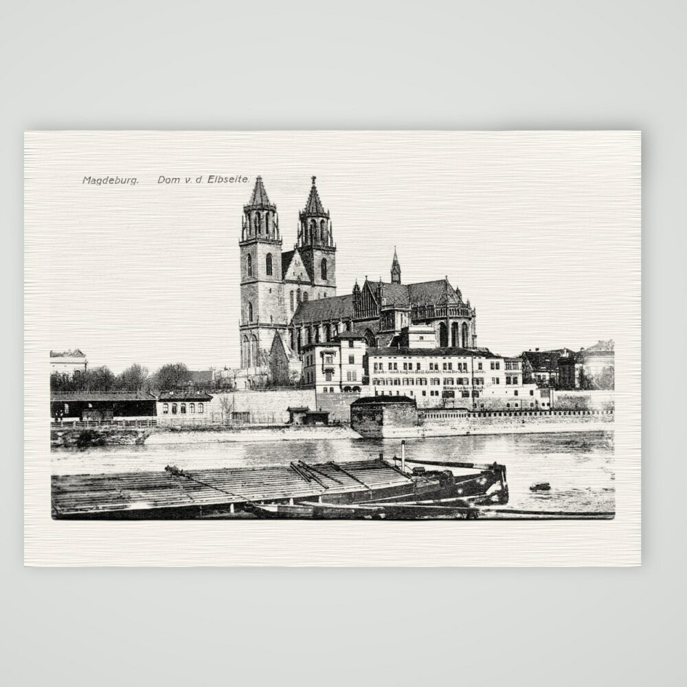 Magdeburg, der Dom von der Elbseite – Ansichtskarte, Kunstdruck auf Leinenpapier