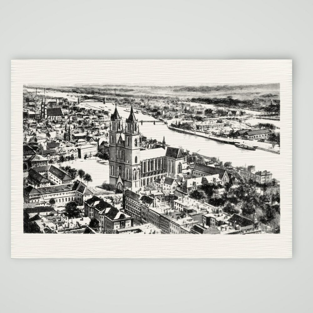 Magdeburg aus der Luft – Dom und Elbe – Luftbild-Ansichtskarte, Kunstdruck auf Leinenpapier