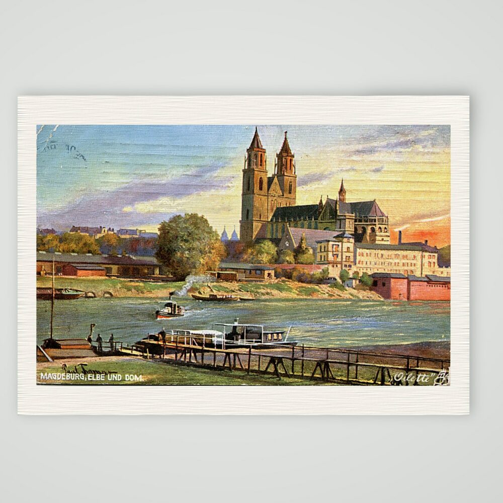 Magdeburg, Elbe und Dom im Abendlicht – Ansichtskarte, Kunstdruck auf Leinenpapier