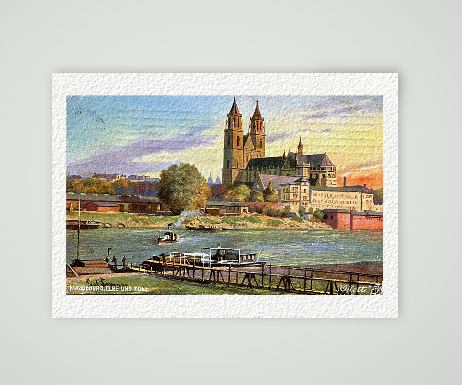 Magdeburg, Elbe und Dom im Abendlicht – Ansichtskarte, Kunstdruck auf Hahnemühle-Büttenpapier