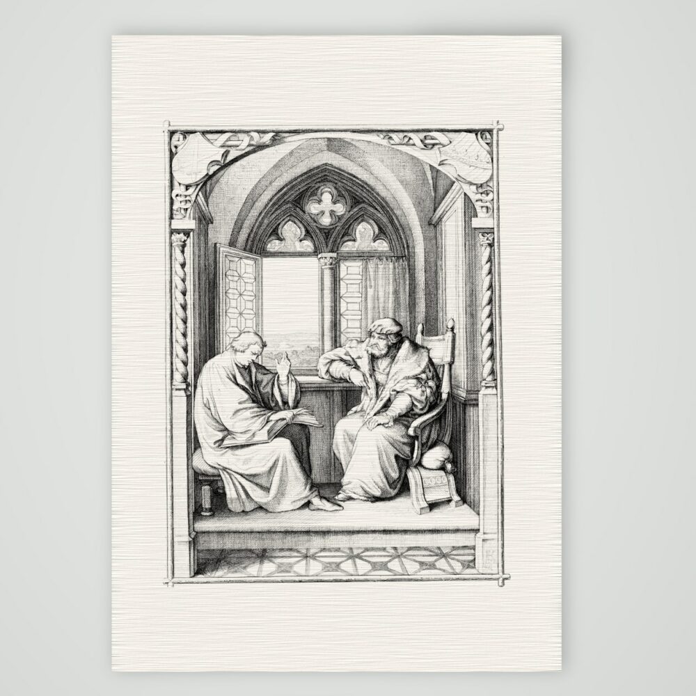 Luther liest dem Kurfürsten Johann dem Beständigen vor – Stich nach Gustav König (Monogramm GK), Kunstdruck auf Leinenpapier