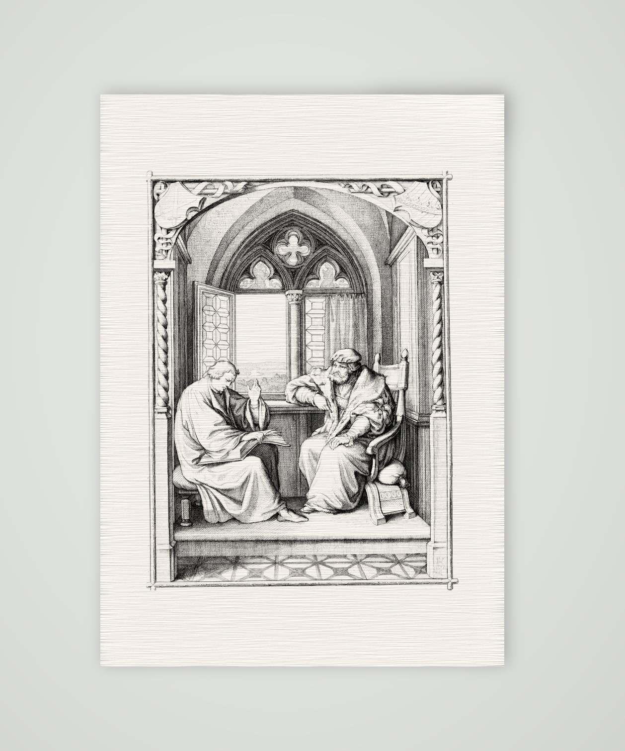 Luther liest dem Kurfürsten Johann dem Beständigen vor – Stich nach Gustav König (Monogramm GK), Kunstdruck auf Leinenpapier