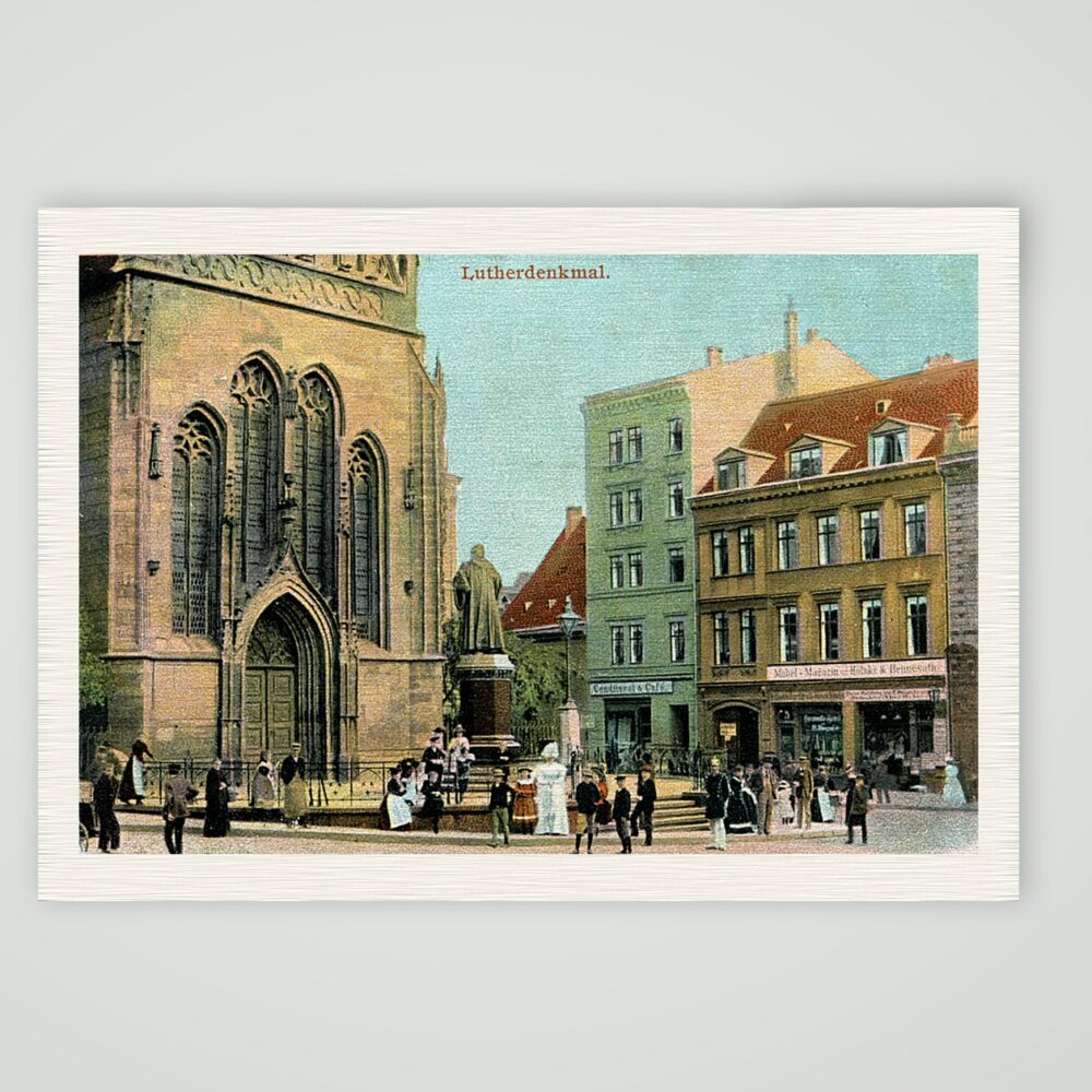 Magdeburg, das Lutherdenkmal vor der Johanniskirche – Ansichtskarte, Kunstdruck auf Leinenpapier