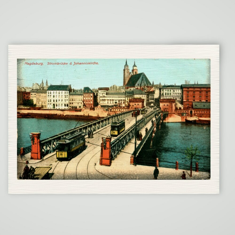 Magdeburg, Strombrücke und Johanniskirche – Ansichtskarte, Kunstdruck auf Leinenpapier