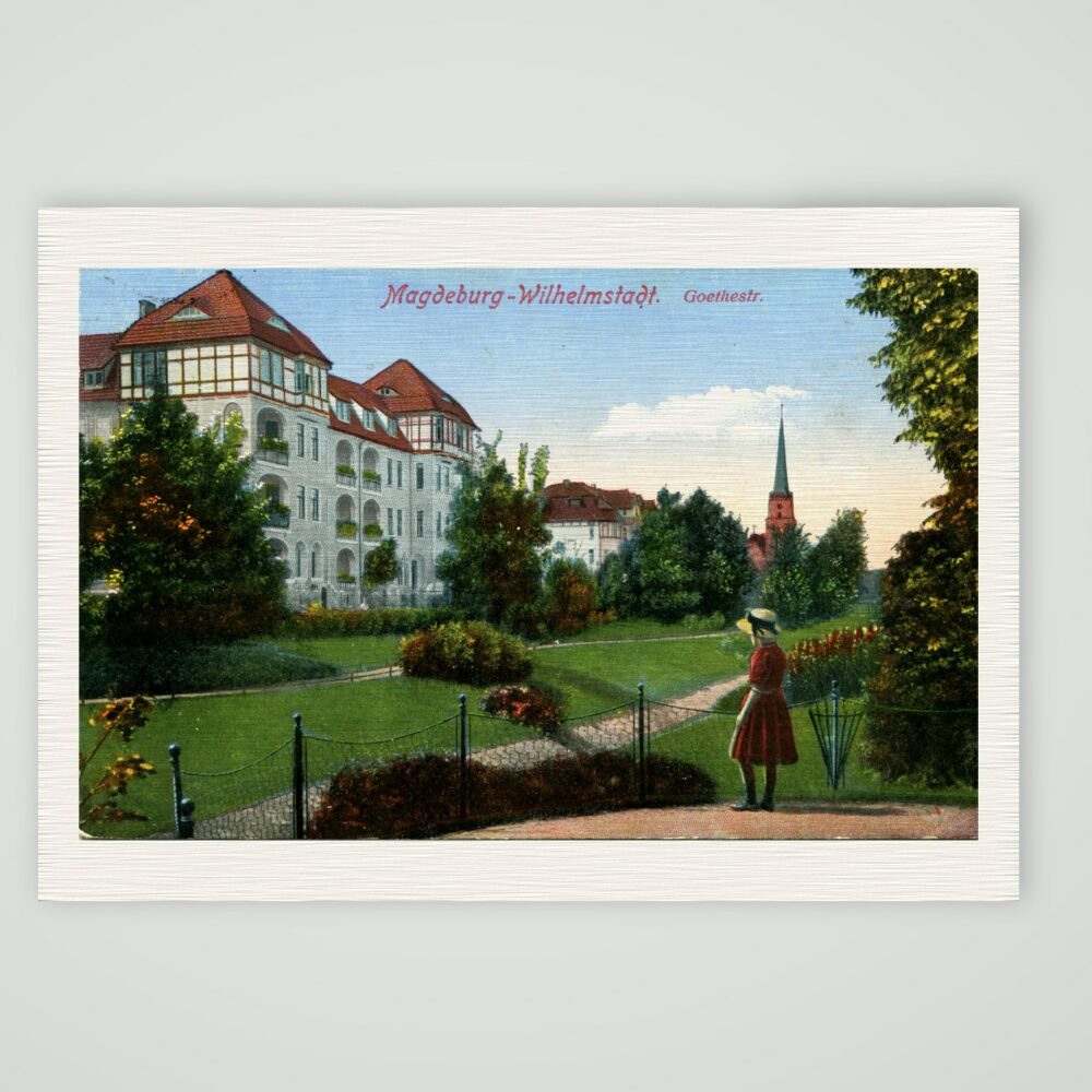 Magdeburg-Wilhelmstadt, die Goethestraße – Ansichtskarte, Kunstdruck auf Leinenpapier