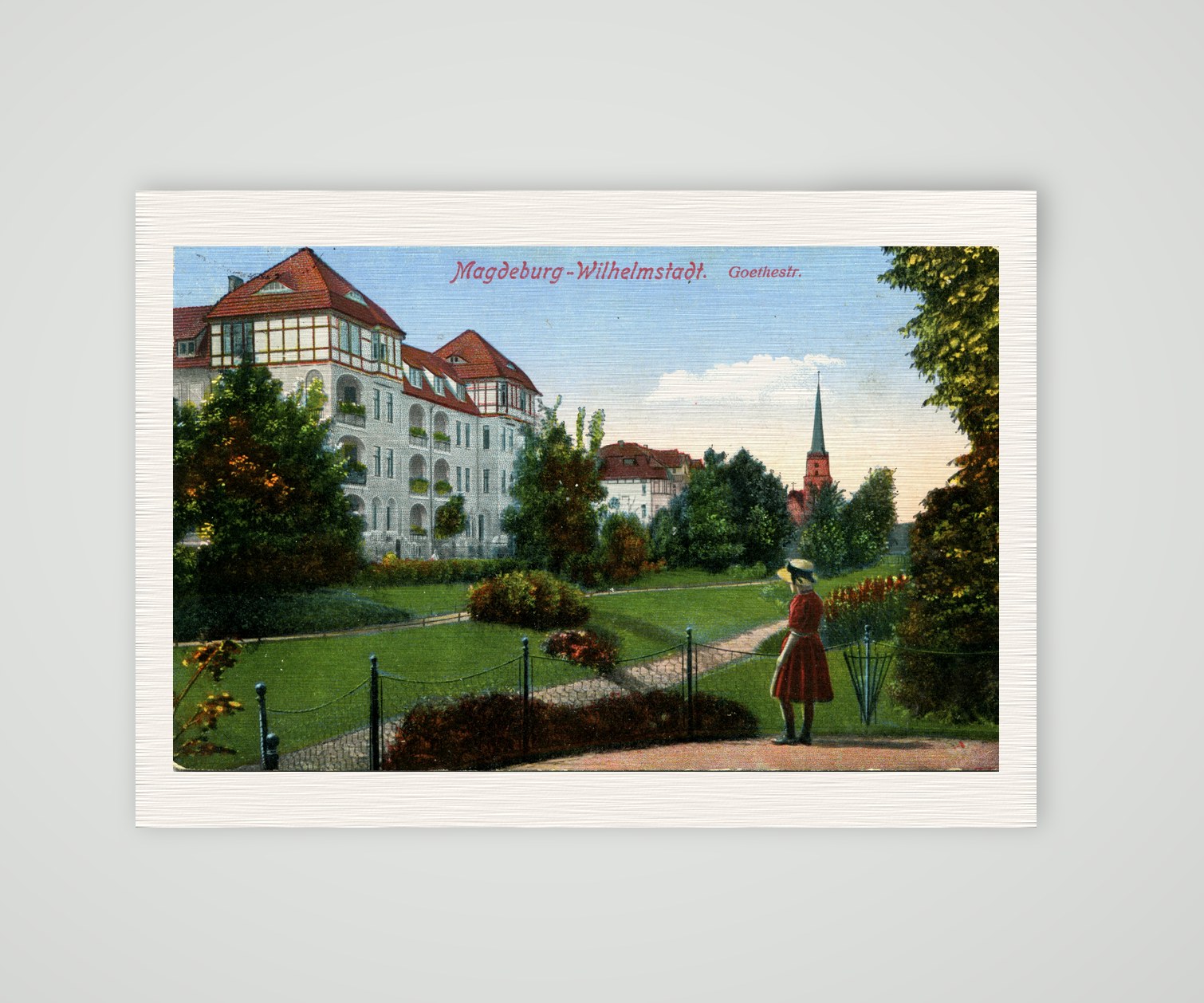 Magdeburg-Wilhelmstadt, die Goethestraße – Ansichtskarte, Kunstdruck auf Leinenpapier