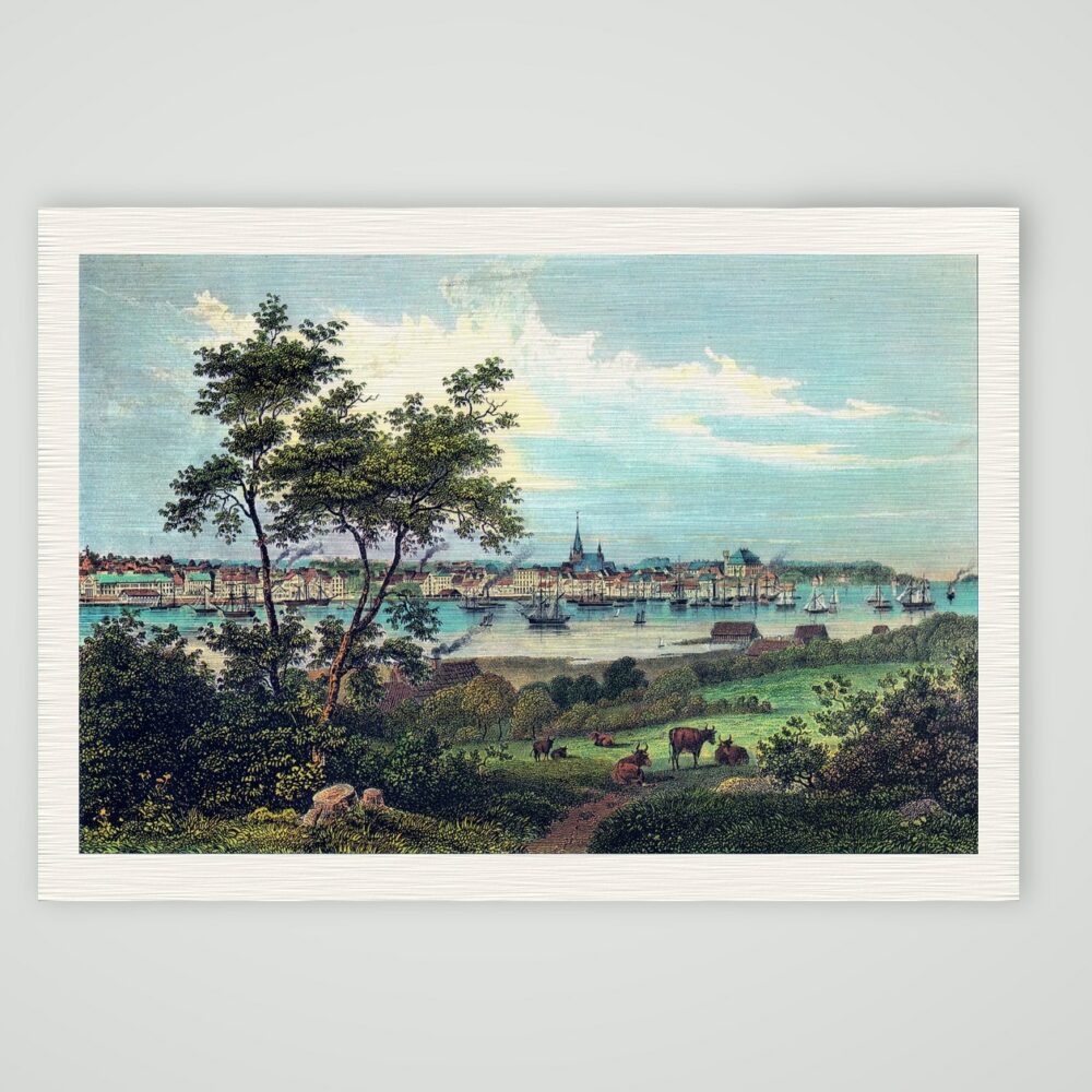 Kiel, Blick über die Förde auf die Stadt – Kolorierte Ansicht, Kunstdruck auf Leinenpapier