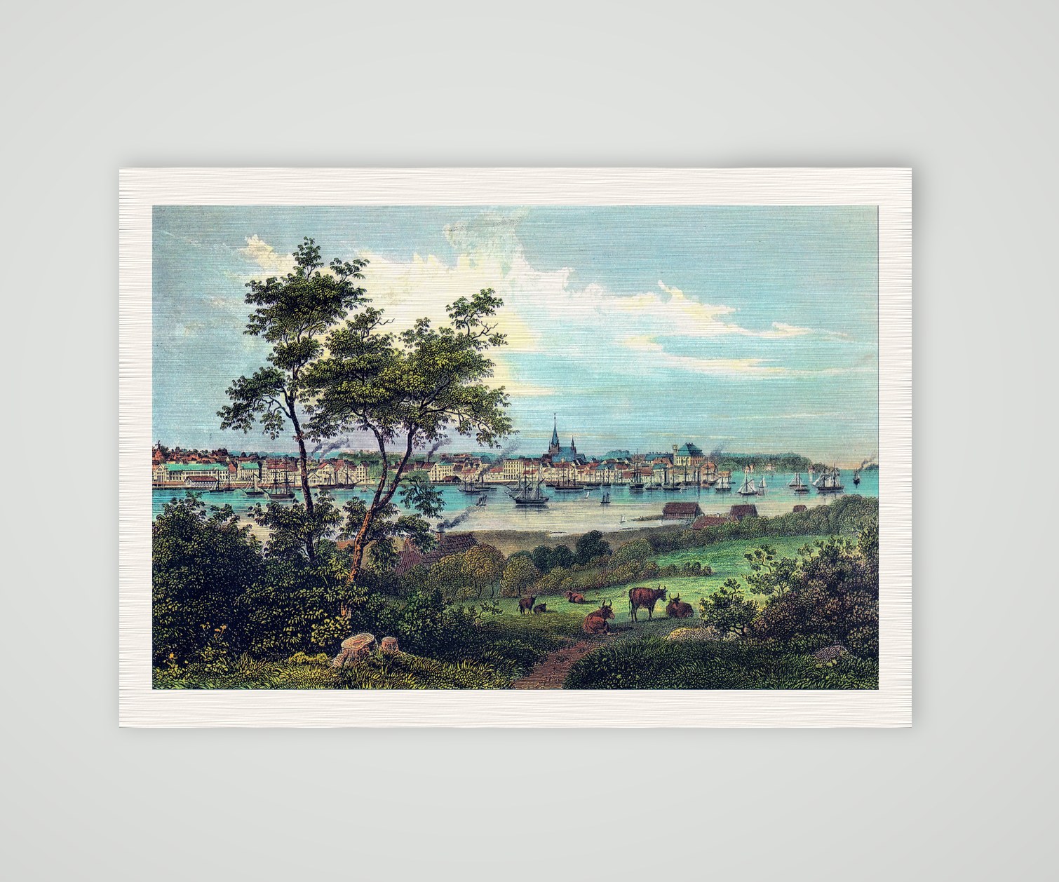 Kiel, Blick über die Förde auf die Stadt – Kolorierte Ansicht, Kunstdruck auf Leinenpapier