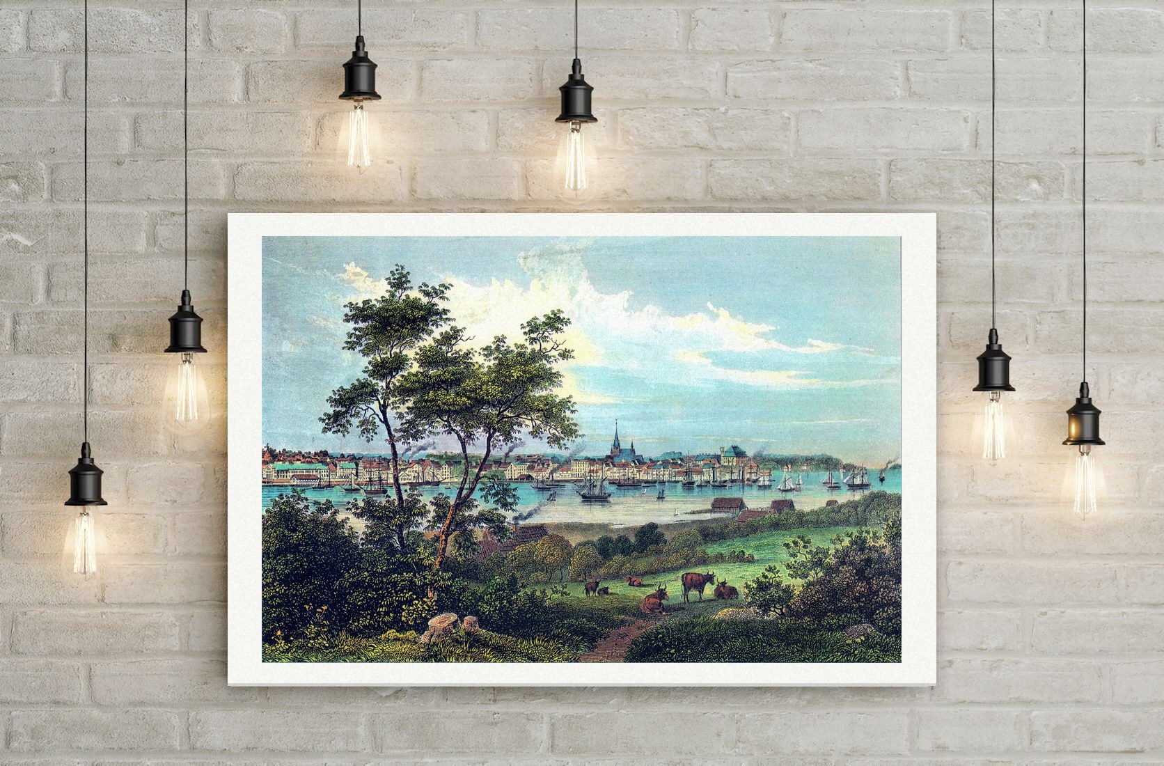 Kiel, Blick über die Förde auf die Stadt – Kolorierte Ansicht, Leinwanddruck auf Holzkeilrahmen an der Wand