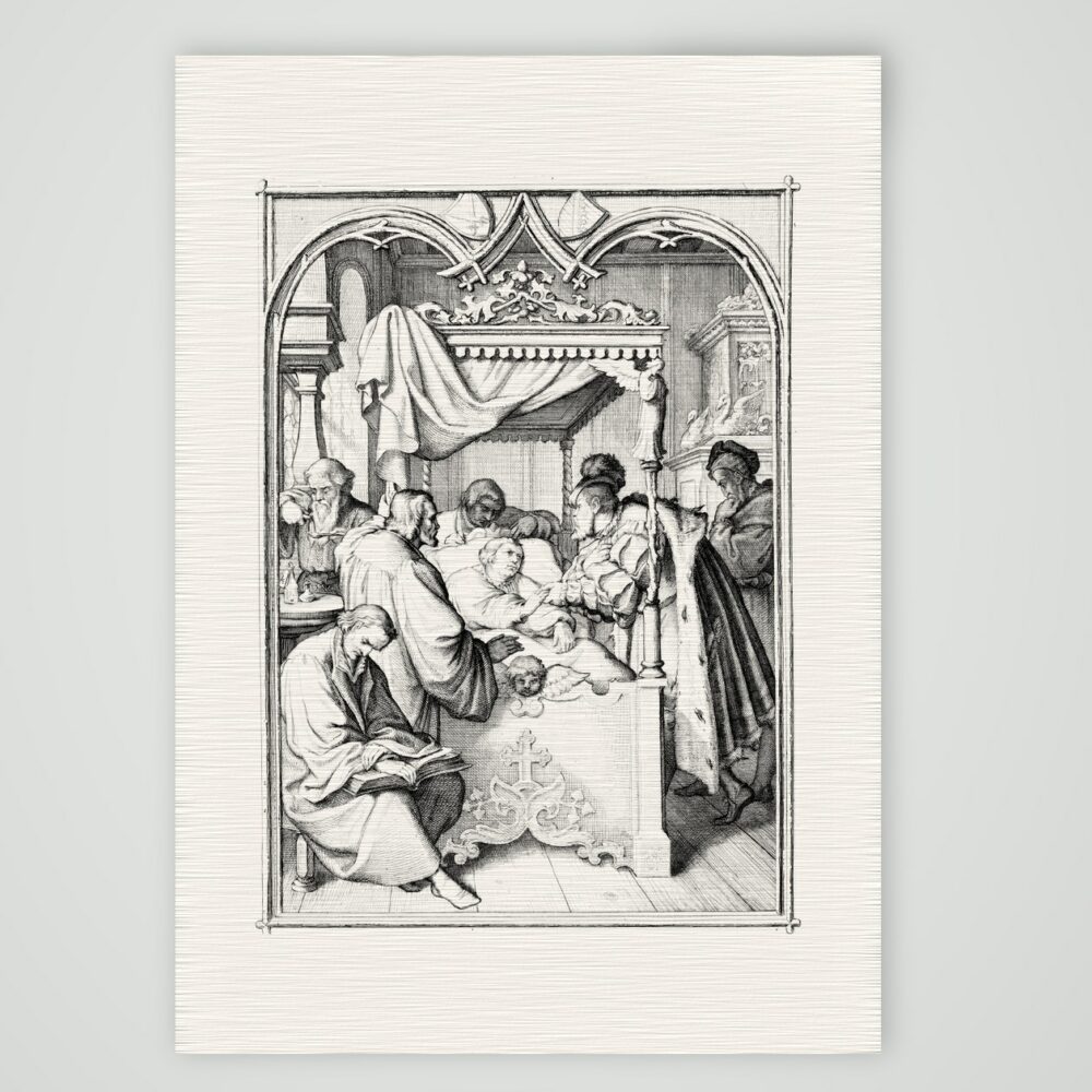Luther wird vom Kurfürsten Johann Friedrich getröstet (1537) – Stich nach Gustav König (Monogramm GK), Kunstdruck auf Leinenpapier