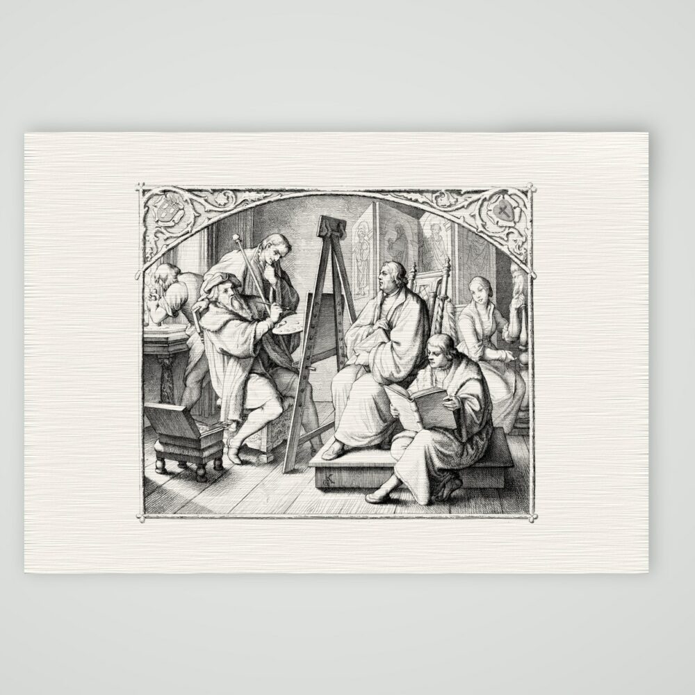 Luther wird von Lucas Cranach gemalt – Stich nach Gustav König (Monogramm GK), Kunstdruck auf Leinenpapier