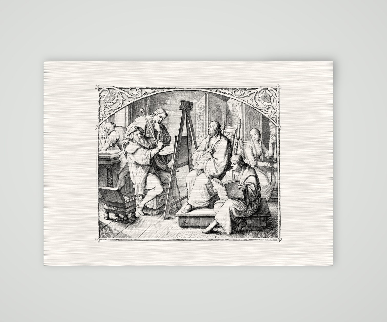 Luther wird von Lucas Cranach gemalt – Stich nach Gustav König (Monogramm GK), Kunstdruck auf Leinenpapier