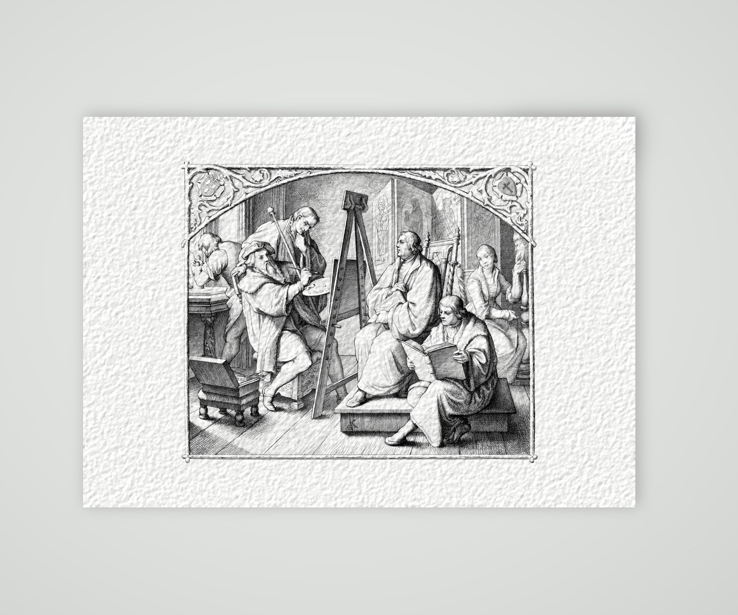 Luther wird von Lucas Cranach gemalt – Stich nach Gustav König (Monogramm GK), Kunstdruck auf Hahnemühle-Büttenpapier