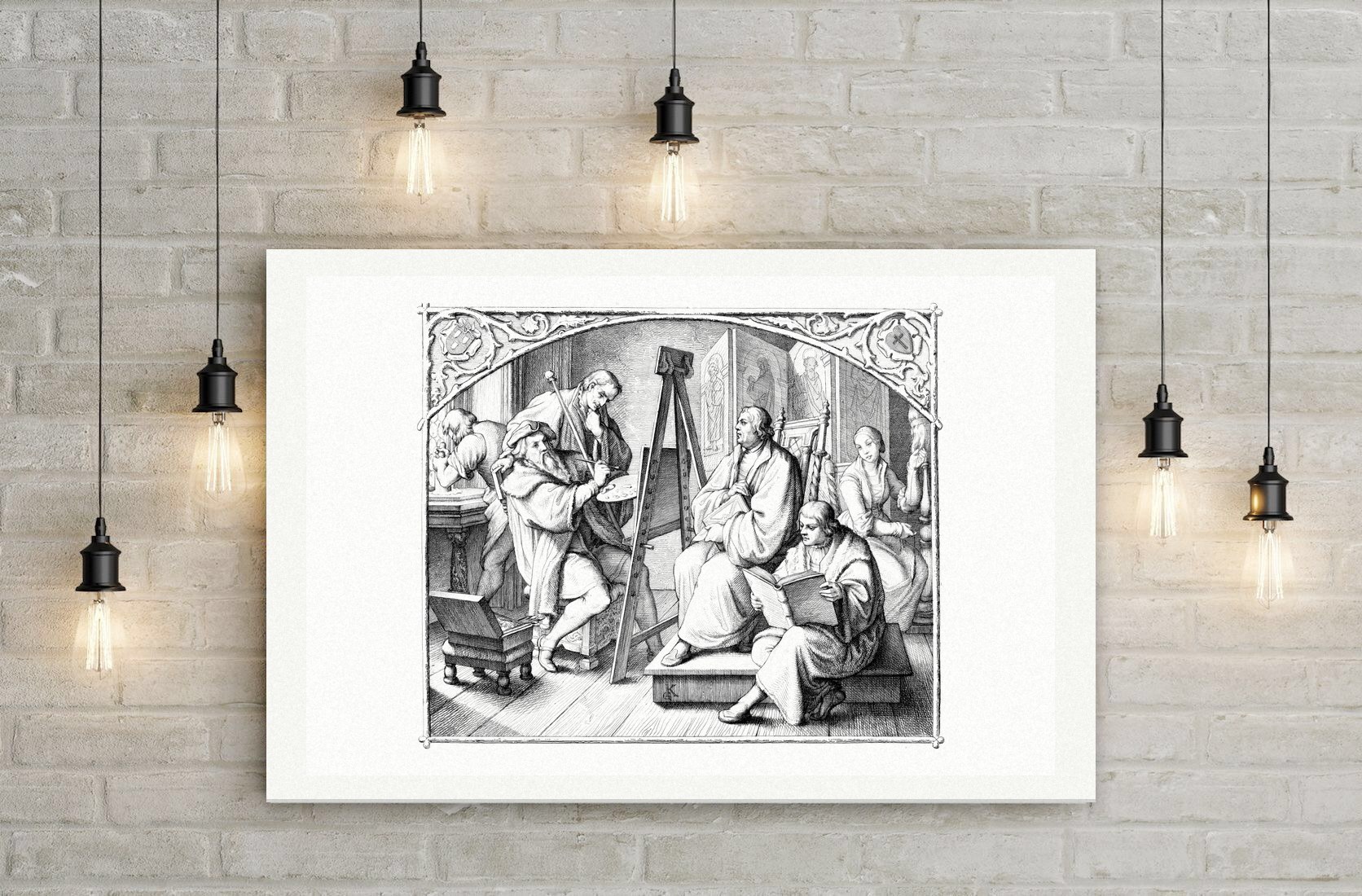 Luther wird von Lucas Cranach gemalt – Stich nach Gustav König (Monogramm GK), Leinwanddruck auf Holzkeilrahmen an der Wand