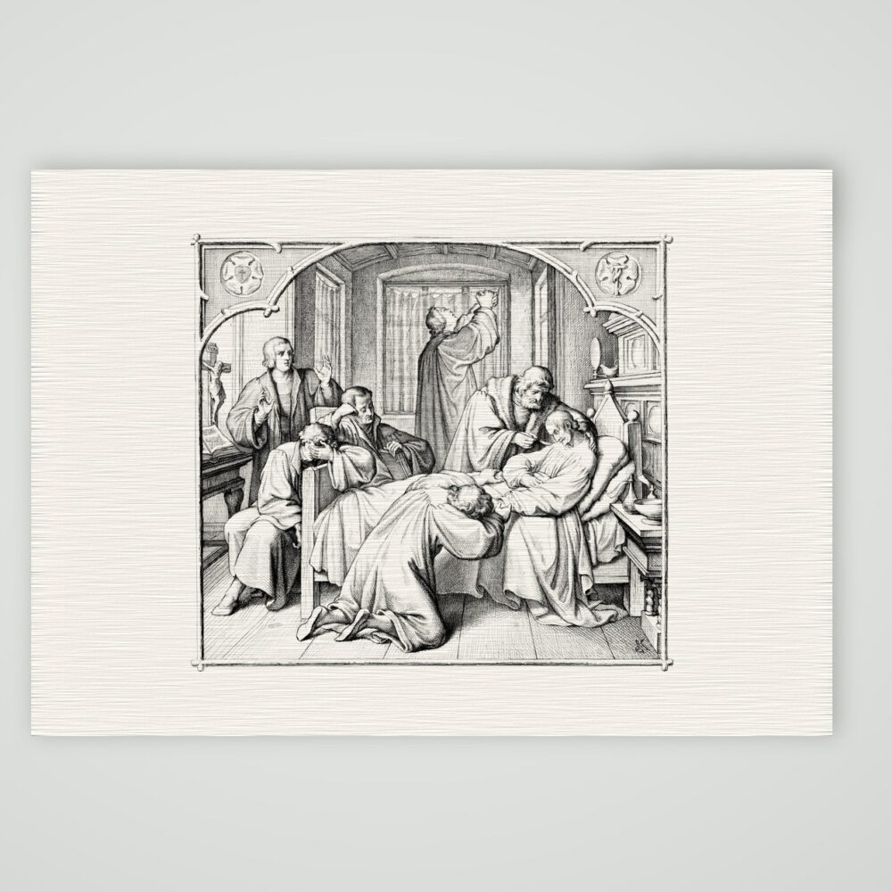 Luther am Krankenbett Melanchthons – Stich nach Gustav König (Monogramm GK), Kunstdruck auf Leinenpapier