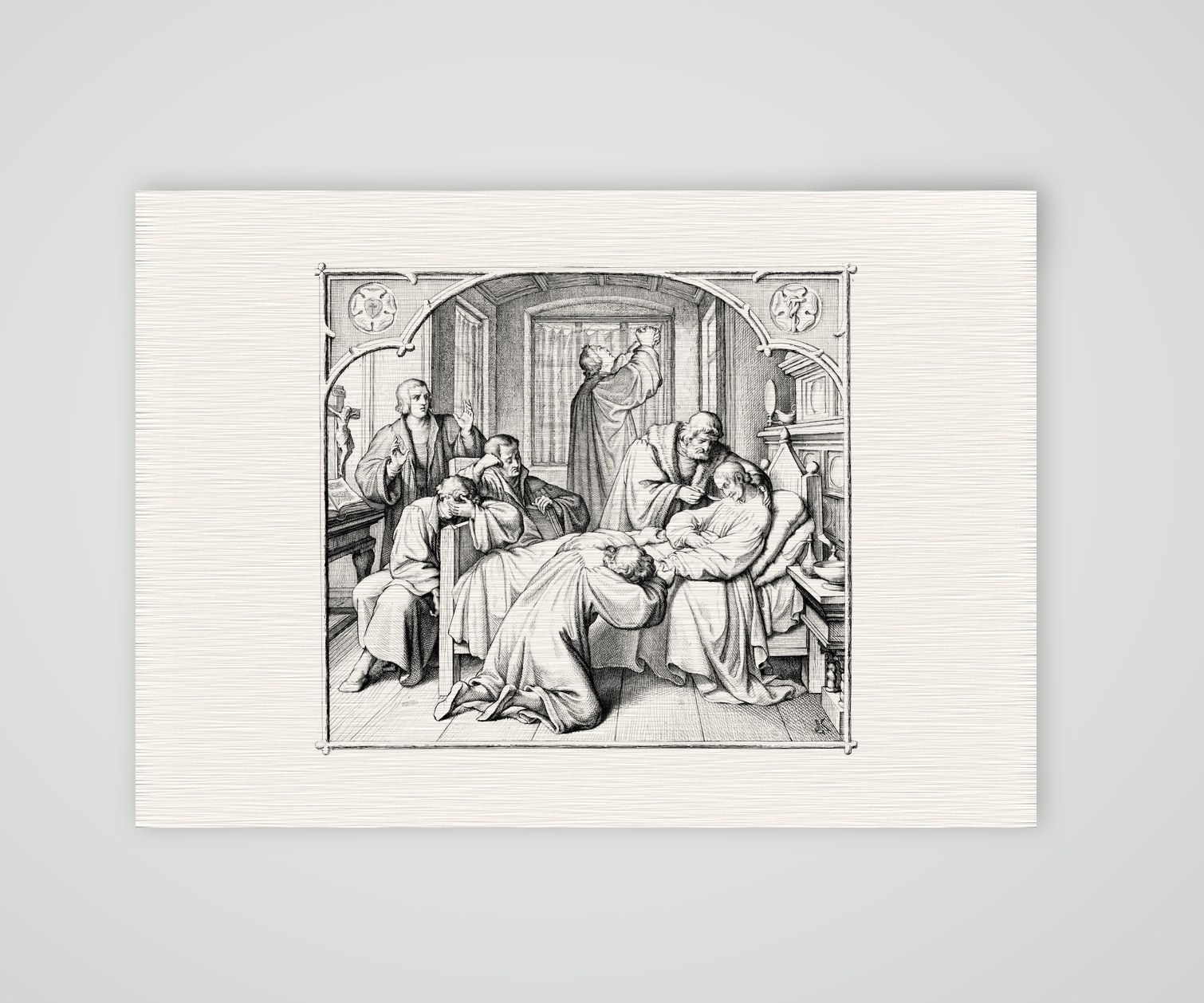 Luther am Krankenbett Melanchthons – Stich nach Gustav König (Monogramm GK), Kunstdruck auf Leinenpapier