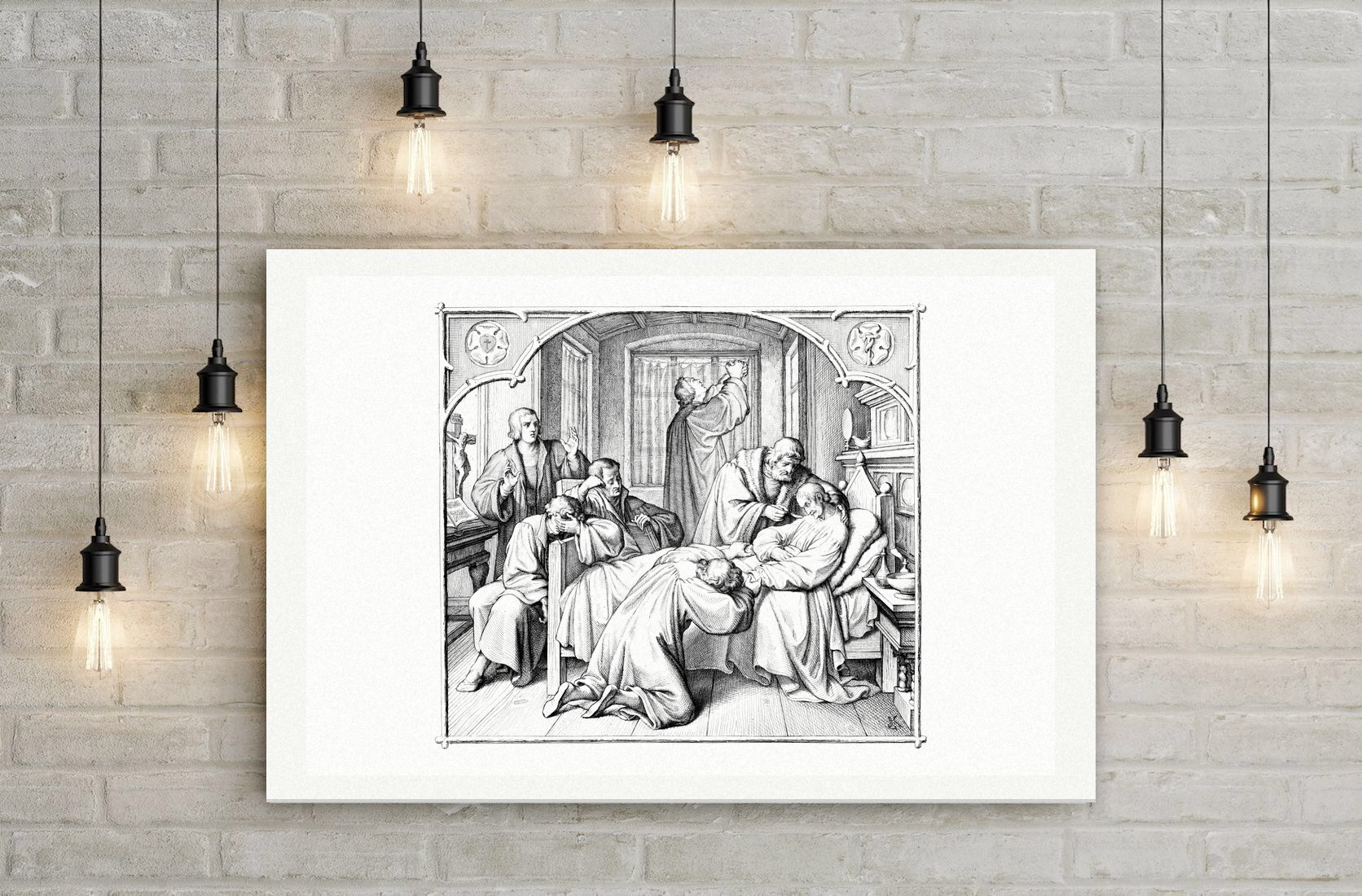 Luther am Krankenbett Melanchthons – Stich nach Gustav König (Monogramm GK), Leinwanddruck auf Holzkeilrahmen an der Wand