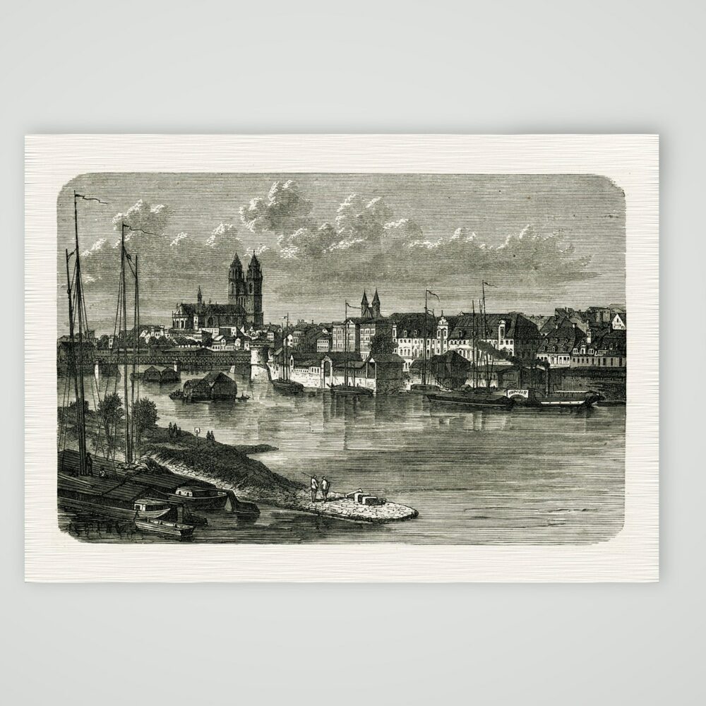 Magdeburg vom Werder aus gesehen, Blick über die Elbe auf den Dom, Holzstich 19. Jahrhundert, Kunstdruck auf Leinenpapier