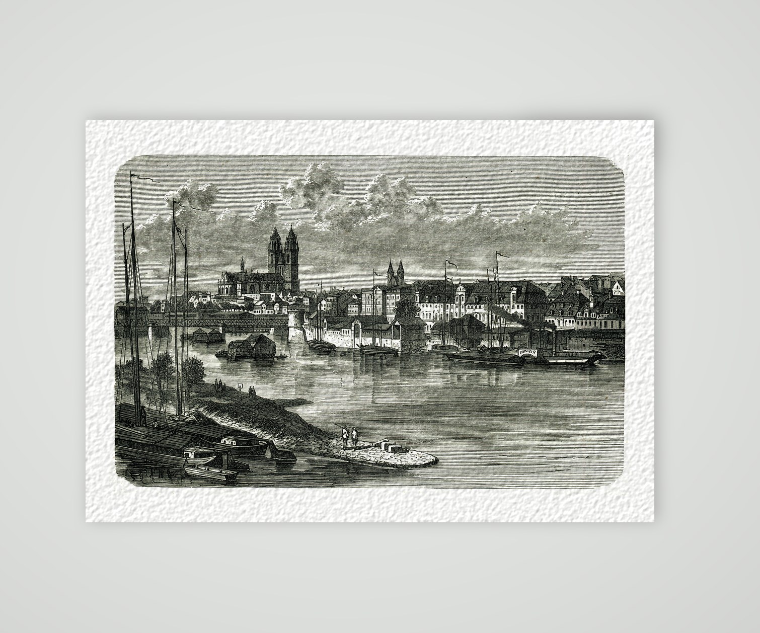 Magdeburg vom Werder aus gesehen, Blick über die Elbe auf den Dom, Holzstich 19. Jahrhundert, Kunstdruck auf Hahnemühle-Büttenpapier