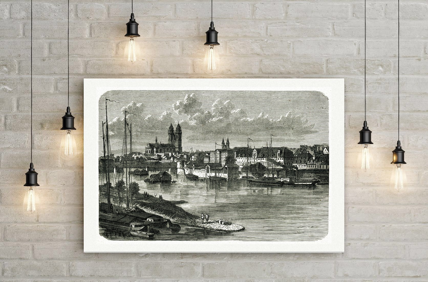 Magdeburg vom Werder aus gesehen, Blick über die Elbe auf den Dom, Holzstich 19. Jahrhundert, Leinwanddruck auf Holzkeilrahmen an der Wand