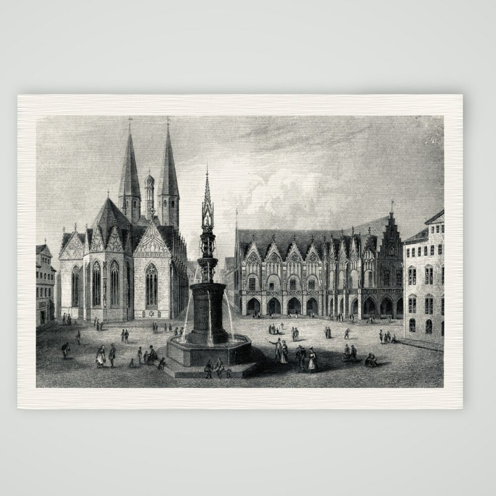 Braunschweig, Altstadtmarkt mit Martinikirche, Altstadtrathaus und Marienbrunnen, Stahlstich 19. Jahrhundert, Kunstdruck auf Leinenpapier