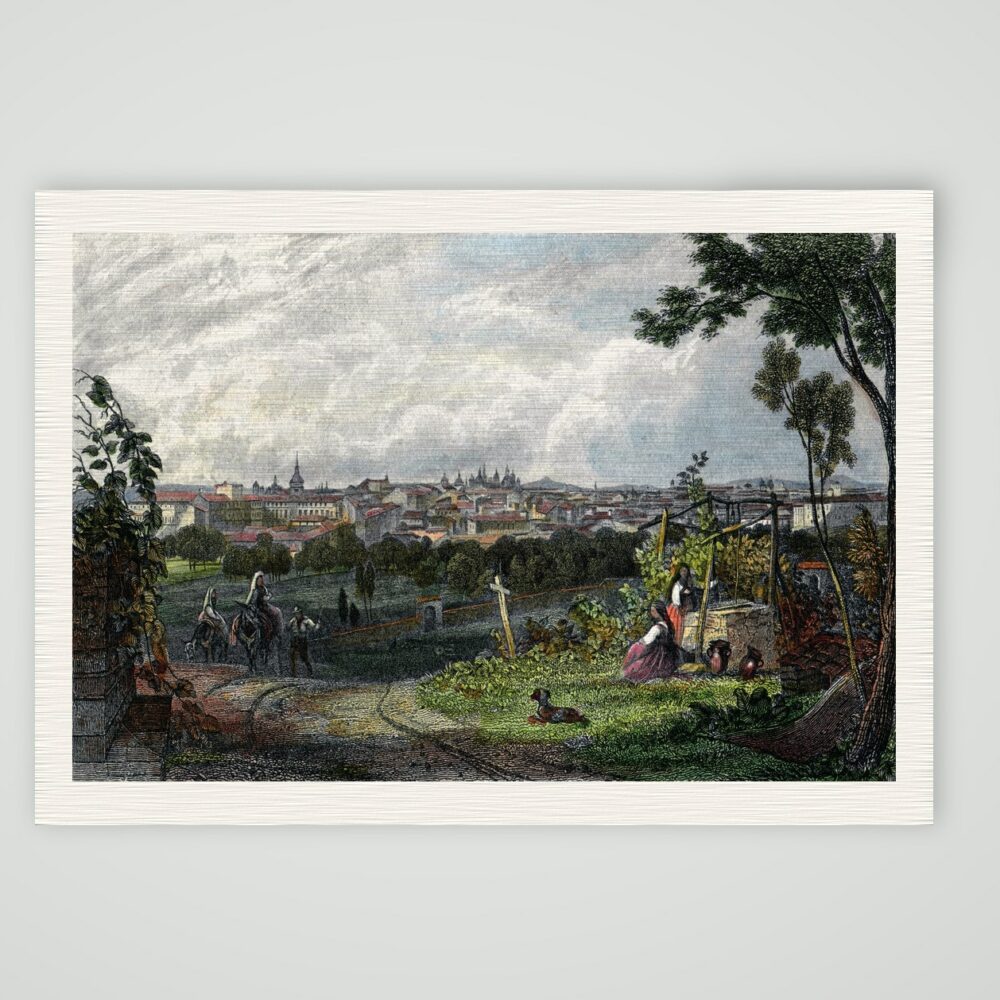 Madrid, Stadtansicht von einer Anhöhe, kolorierter Stahlstich um 1836, Kunstdruck auf Leinenpapier