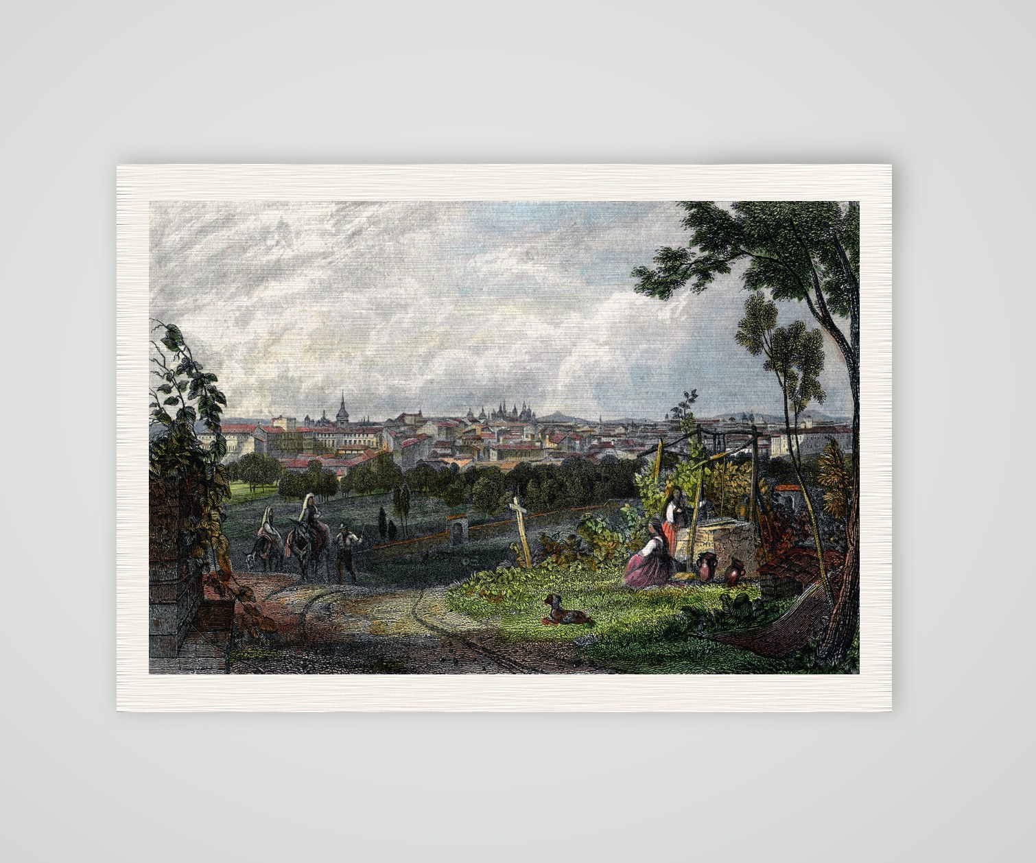 Madrid, Stadtansicht von einer Anhöhe, kolorierter Stahlstich um 1836, Kunstdruck auf Leinenpapier