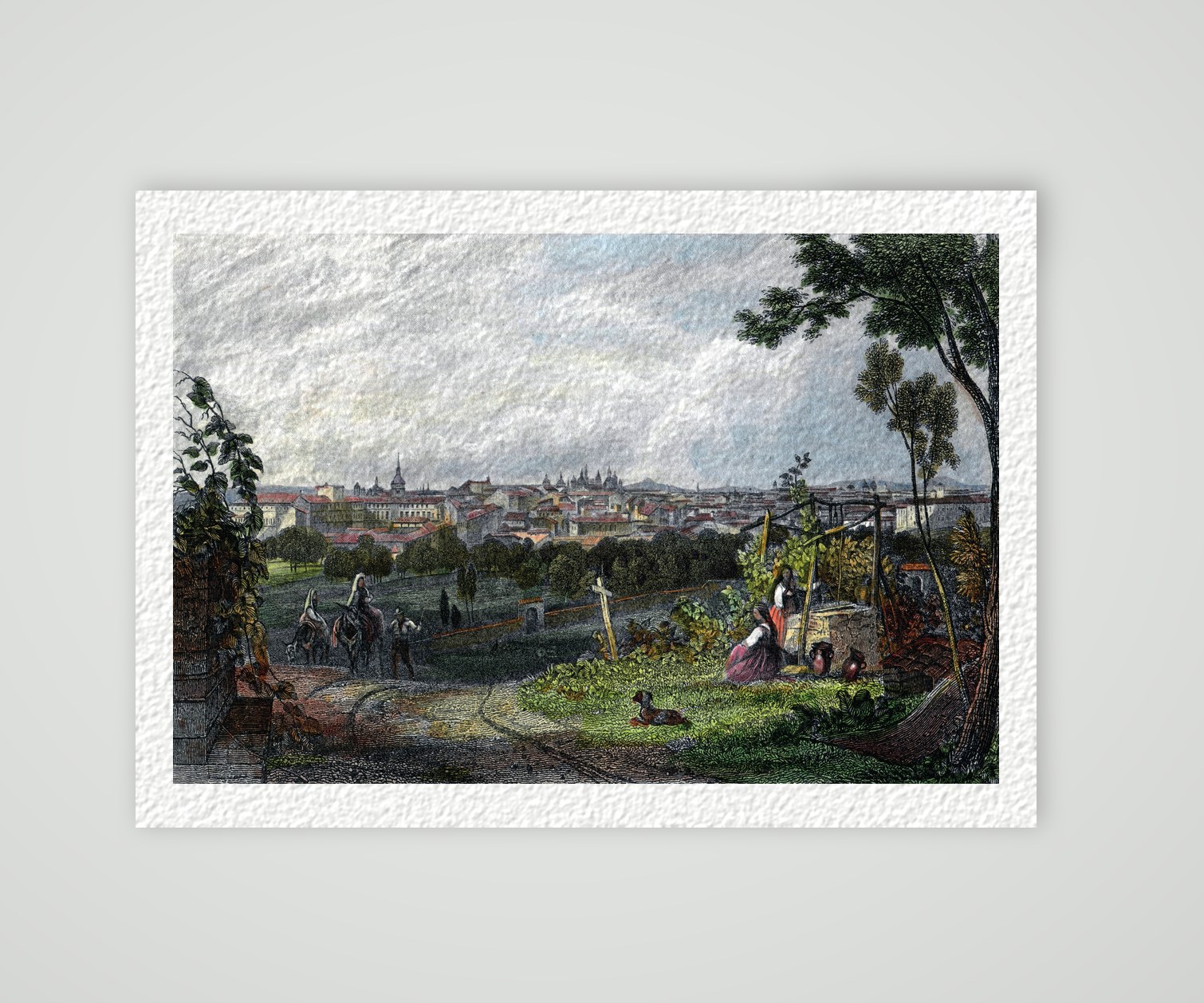 Madrid, Stadtansicht von einer Anhöhe, kolorierter Stahlstich um 1836, Kunstdruck auf Hahnemühle-Büttenpapier