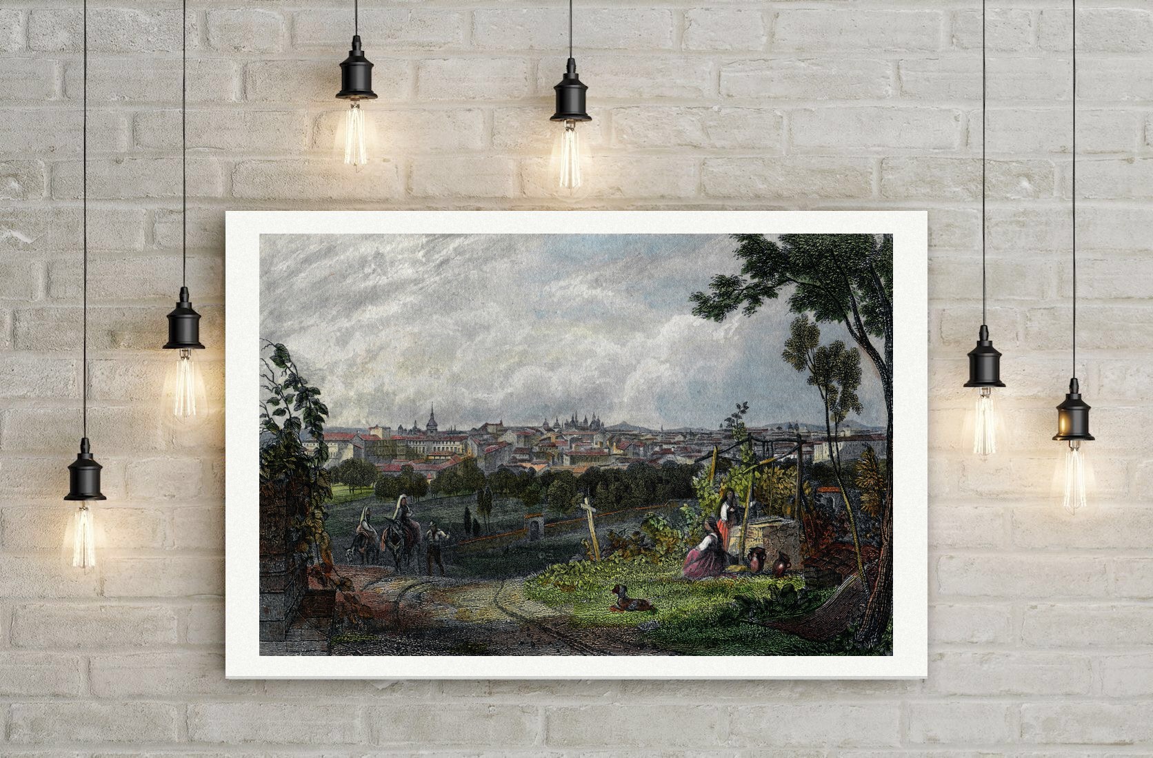 Madrid, Stadtansicht von einer Anhöhe, kolorierter Stahlstich um 1836, Leinwanddruck auf Holzkeilrahmen an der Wand