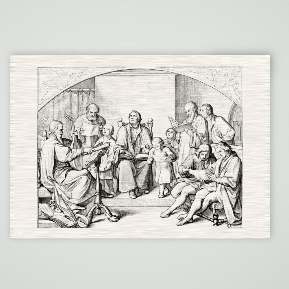 Luthers Kantorei im Hause – Einführung des Kirchengesangs – Stich nach Gustav König (Monogramm GK), Kunstdruck auf Leinenpapier