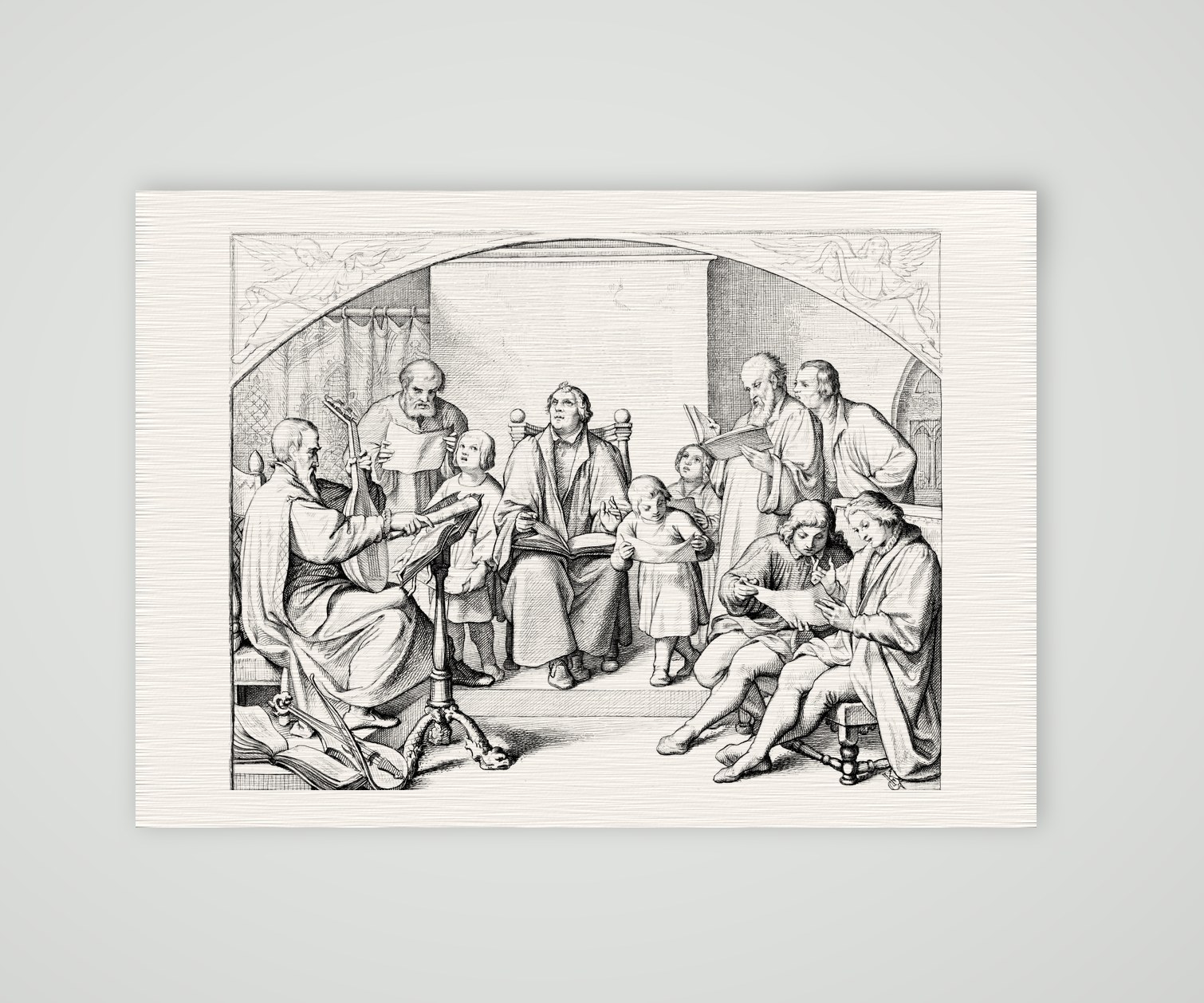 Luthers Kantorei im Hause – Einführung des Kirchengesangs – Stich nach Gustav König (Monogramm GK), Kunstdruck auf Leinenpapier