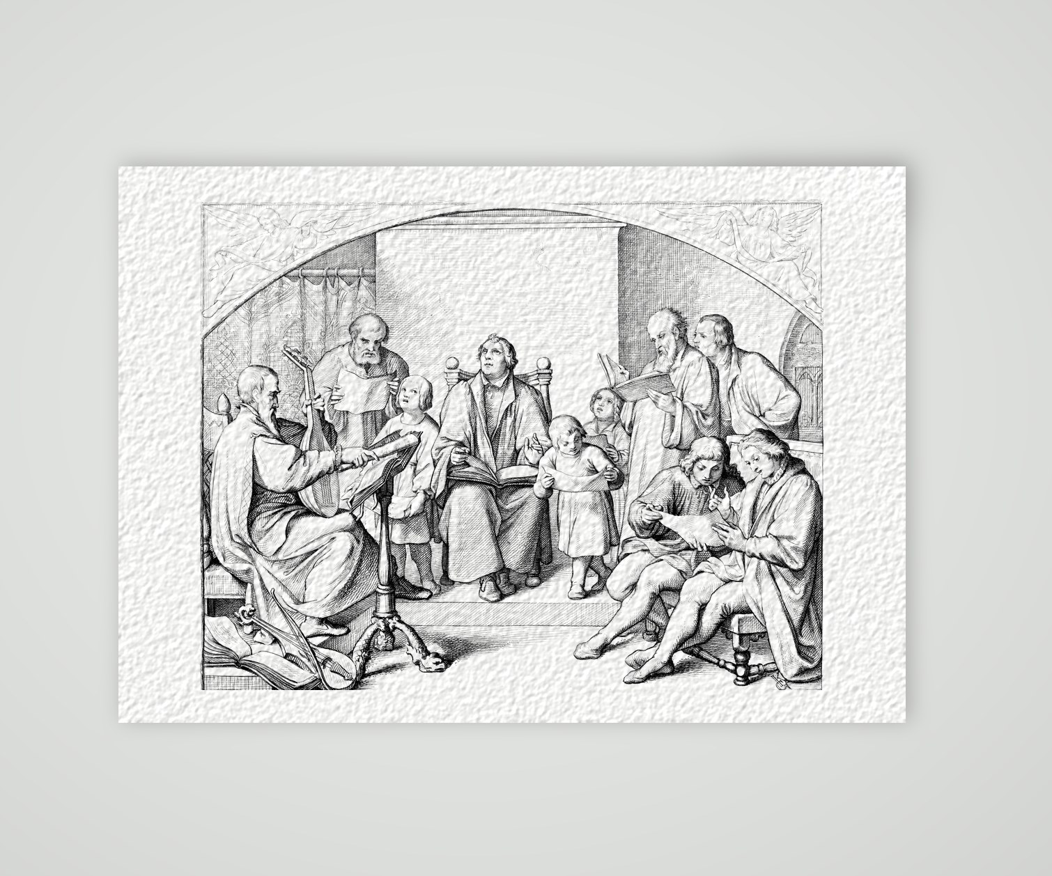 Luthers Kantorei im Hause – Einführung des Kirchengesangs – Stich nach Gustav König (Monogramm GK), Kunstdruck auf Hahnemühle-Büttenpapier