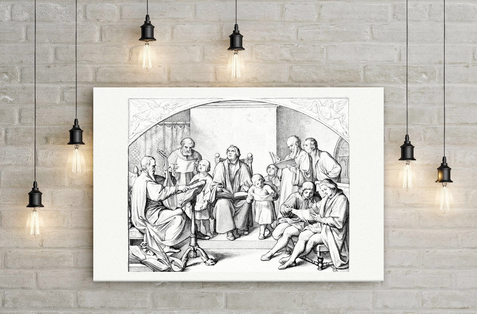 Luthers Kantorei im Hause – Einführung des Kirchengesangs – Stich nach Gustav König (Monogramm GK), Leinwanddruck auf Holzkeilrahmen an der Wand