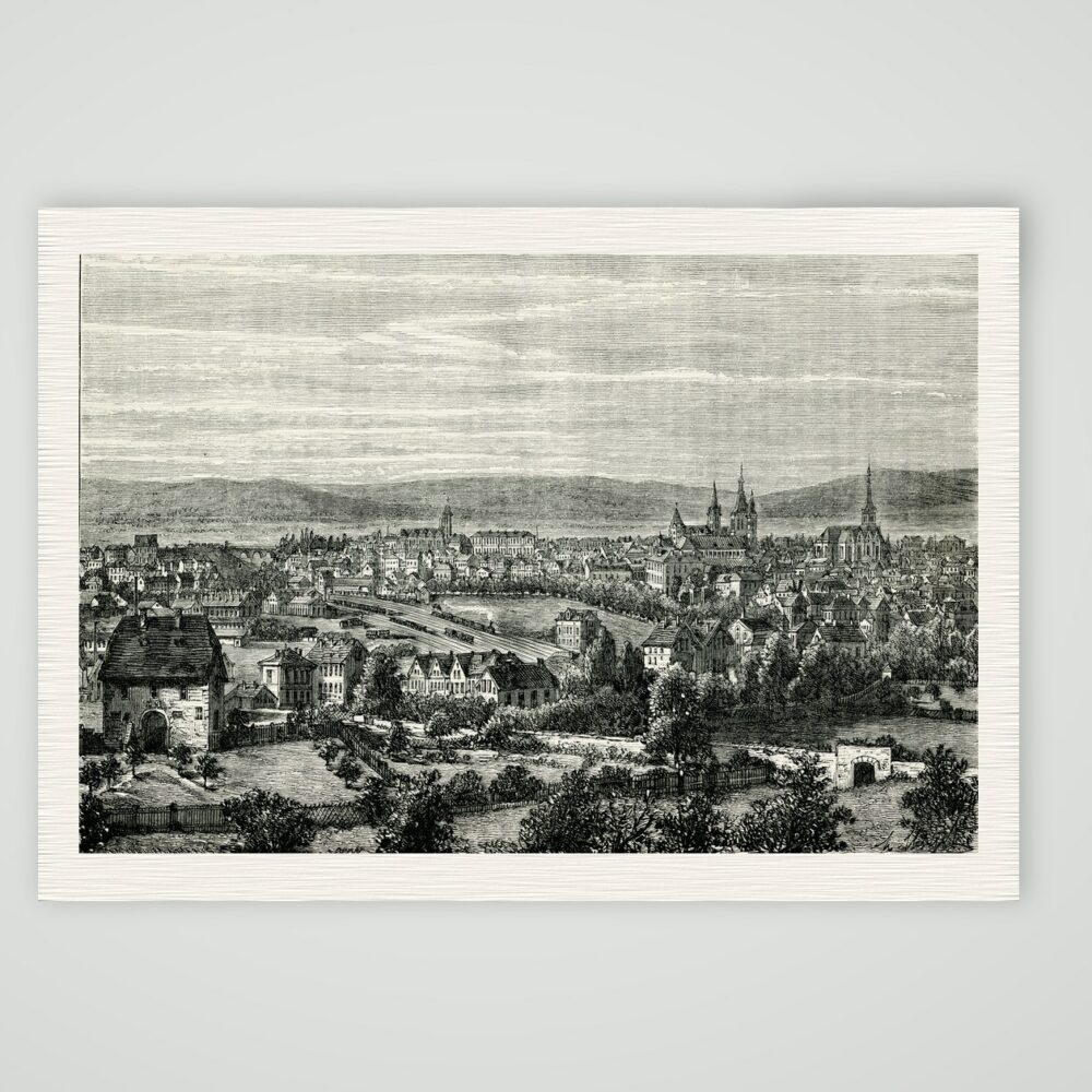 Osnabrück, Stadtansicht von einem Hügel mit Kirchtürmen, Stahlstich um 1850, Kunstdruck auf Leinenpapier